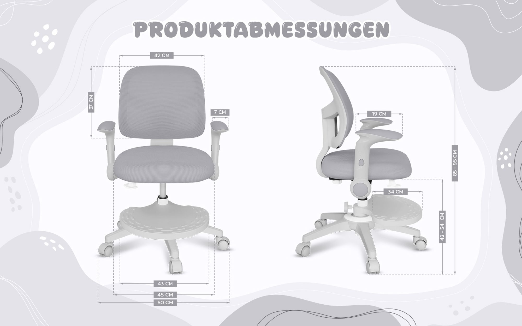 Mark Adler Junior 5.0 | Kinder Schreibtischstuhl Ergonomischer Kinderdrehstuhl | Fußablage | Sitztiefe einstellen | Verstellbare Armlehnen | Grau