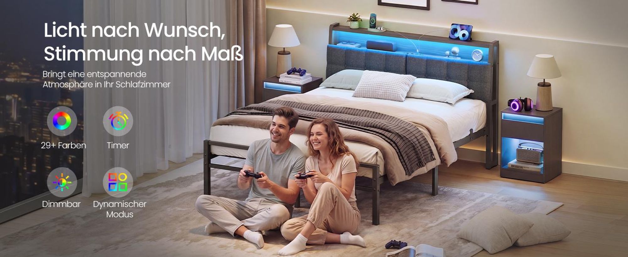 VASAGLE Bettgestell 140 x 200 cm mit Stauraum, Metallrahmen, Bett mit LED-Beleuchtung und Kopfteil, schwarz-braun