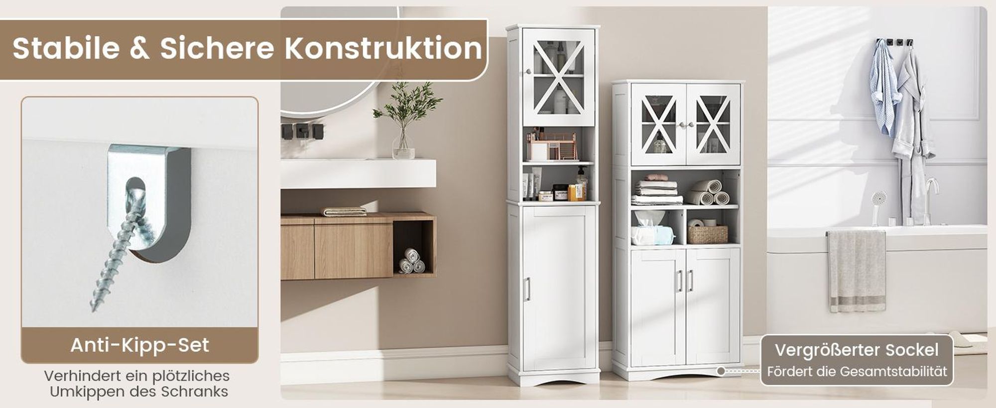 COSTWAY Bad Hochschrank, großer Bodenschrank mit Acryltüren & 3 Fächern, freistehender Vorratsschrank mit verstellbaren Regalen Weiß