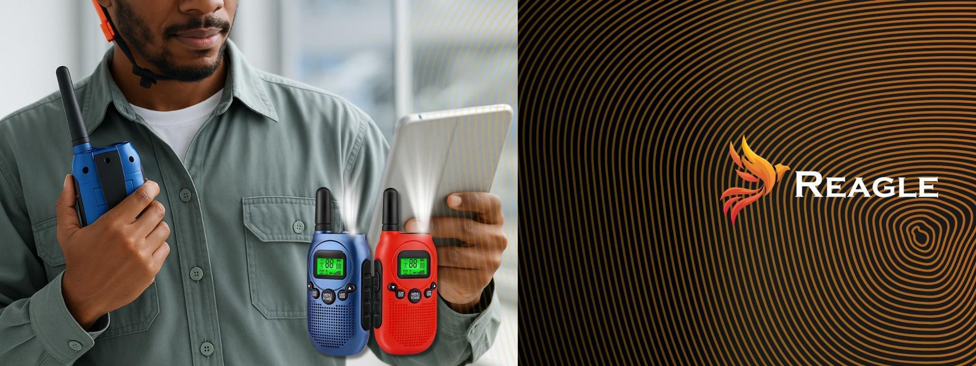 REAGLE Walkie-Talkies für Kinder & Erwachsene, 2 Funkgeräte bis 3 km Reichweite, 1500mAh Akkus, LED-Taschenlampe 8 PMR-Kanäle, ideal für Baustelle, Outdoor Camping, Wandern
