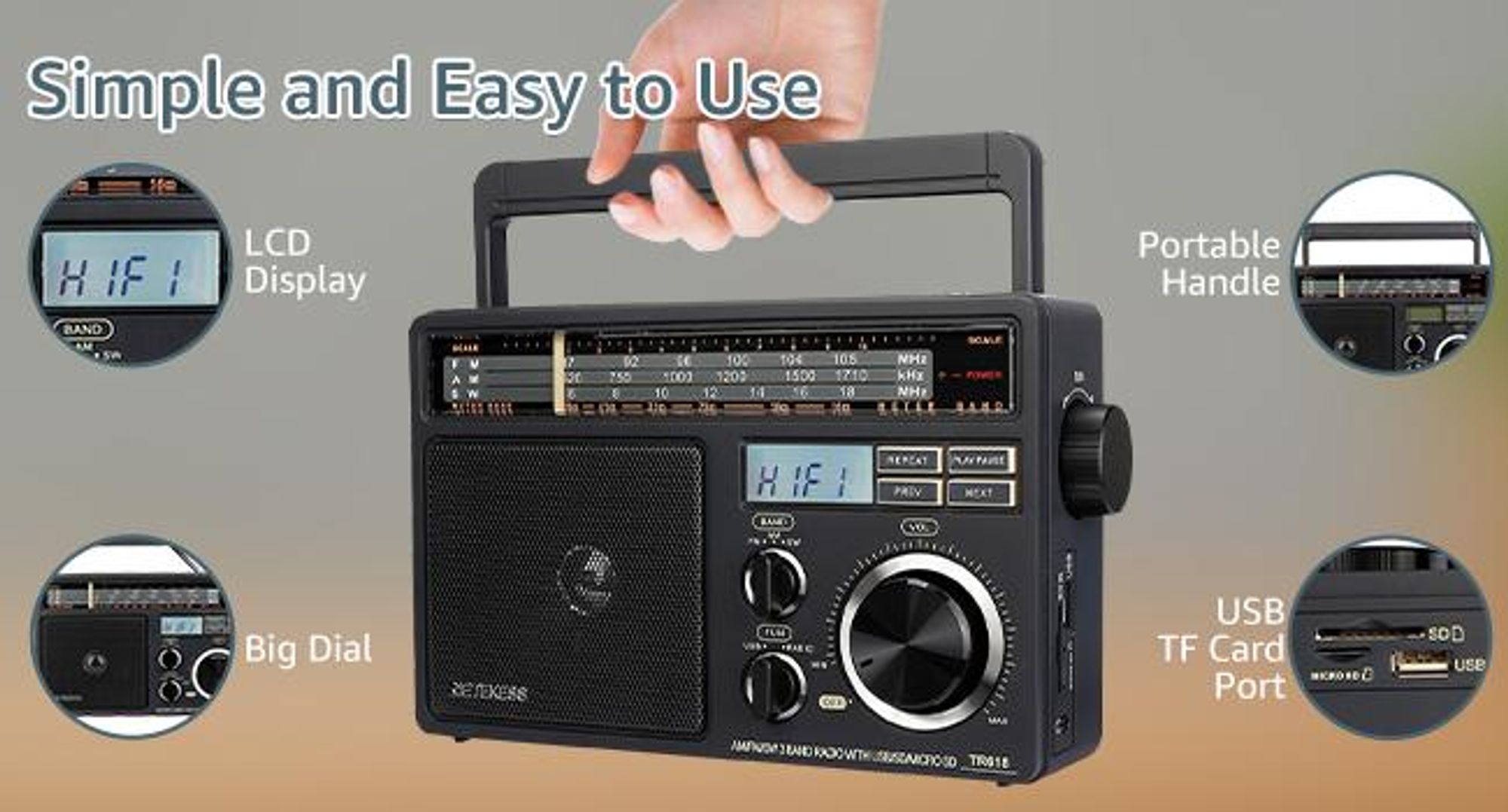 Przenośne radio Retekess TR618 zasilane bateryjnie, przenośne radio dla seniorów, AM FM SW, USB SD TF, kuchnia, Prezenty na Dzień Matki i Ojca(czarne)