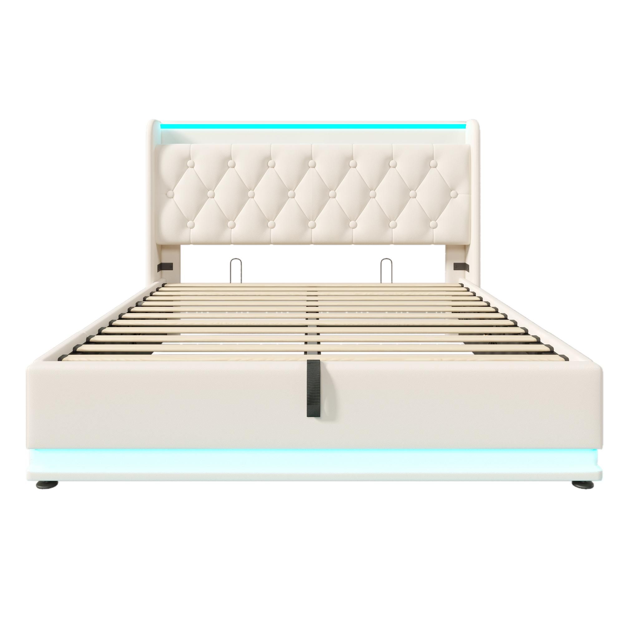 Flieks Polsterbett 140x190cm mit Ladefunktion (USB&Typ-c), Jugendbett Doppelbett Stauraumbett mit LED, Hydraulisches Boxspringbett, PU, Weiß