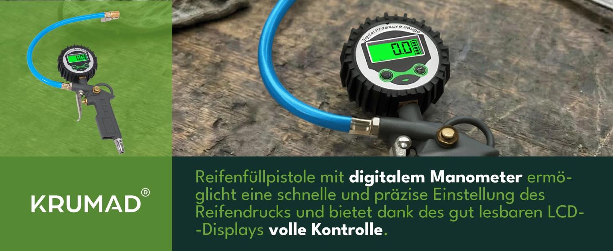 KRUMAD Digitaler Reifendruckfüller mit LCD, Automatische Druckeinstellung, Messbereich 0–16 bar, Luftprüfer für Auto & Fahrrad, Metallgehäuse