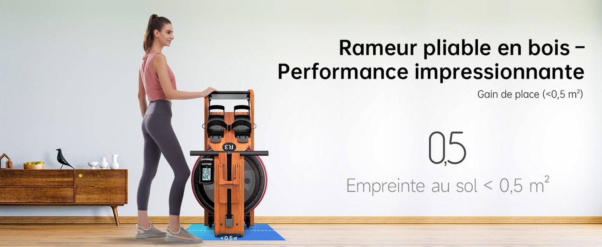 JASPORT R3 rameur à eau pliable en chêne , Bluetooth, écran LCD, Kinomap, réservoir de 28 l, jusqu’à 150 kg – Cherry
