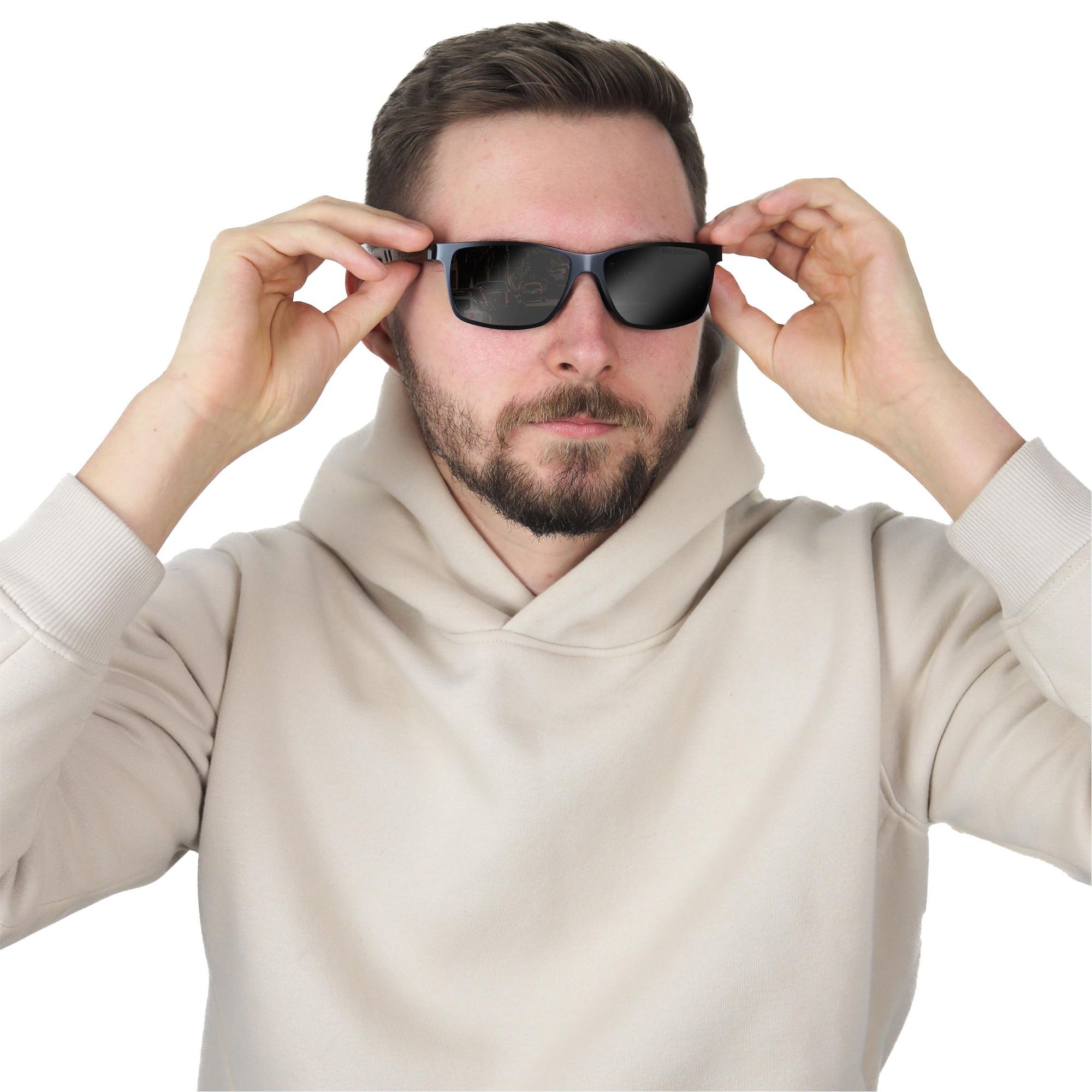 Sonnenbrille Herren Polarisiert UV400, Holz Sonnenbrille Nerd-Stil mit Walnussholz-Bügeln, inkl. Etui & Zubehör, EVI DESIGN, Schwarz