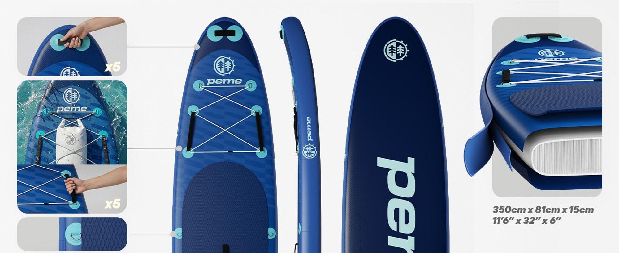 PEME Stand Up Paddle Board - Deep Water -  350 cm - Dopple Paddel und komplette Zubehöre, SUP, Surfboard aufblasbar- Blau
