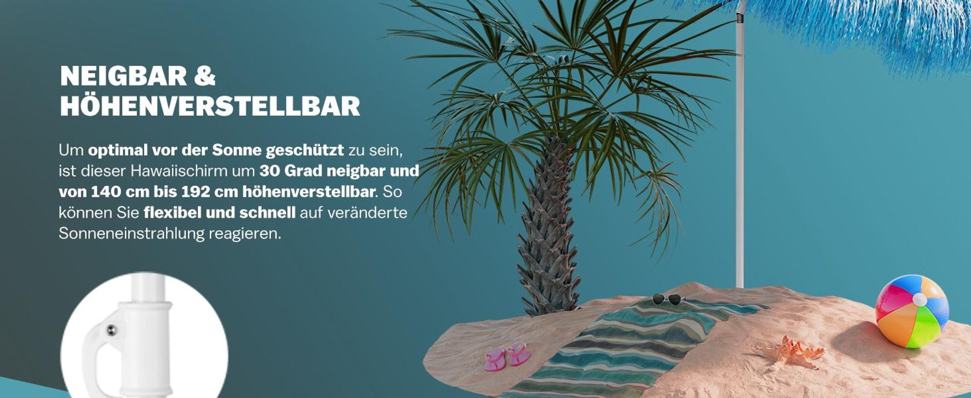 KINGSLEEVE® Sonnenschirm Hawaii Ø160cm Neigbar Höhenverstellbar UV Schutz 30+ Groß Rund Balkon Strand Strohschirm Strandschirm Bast Hawaiischirm Blau