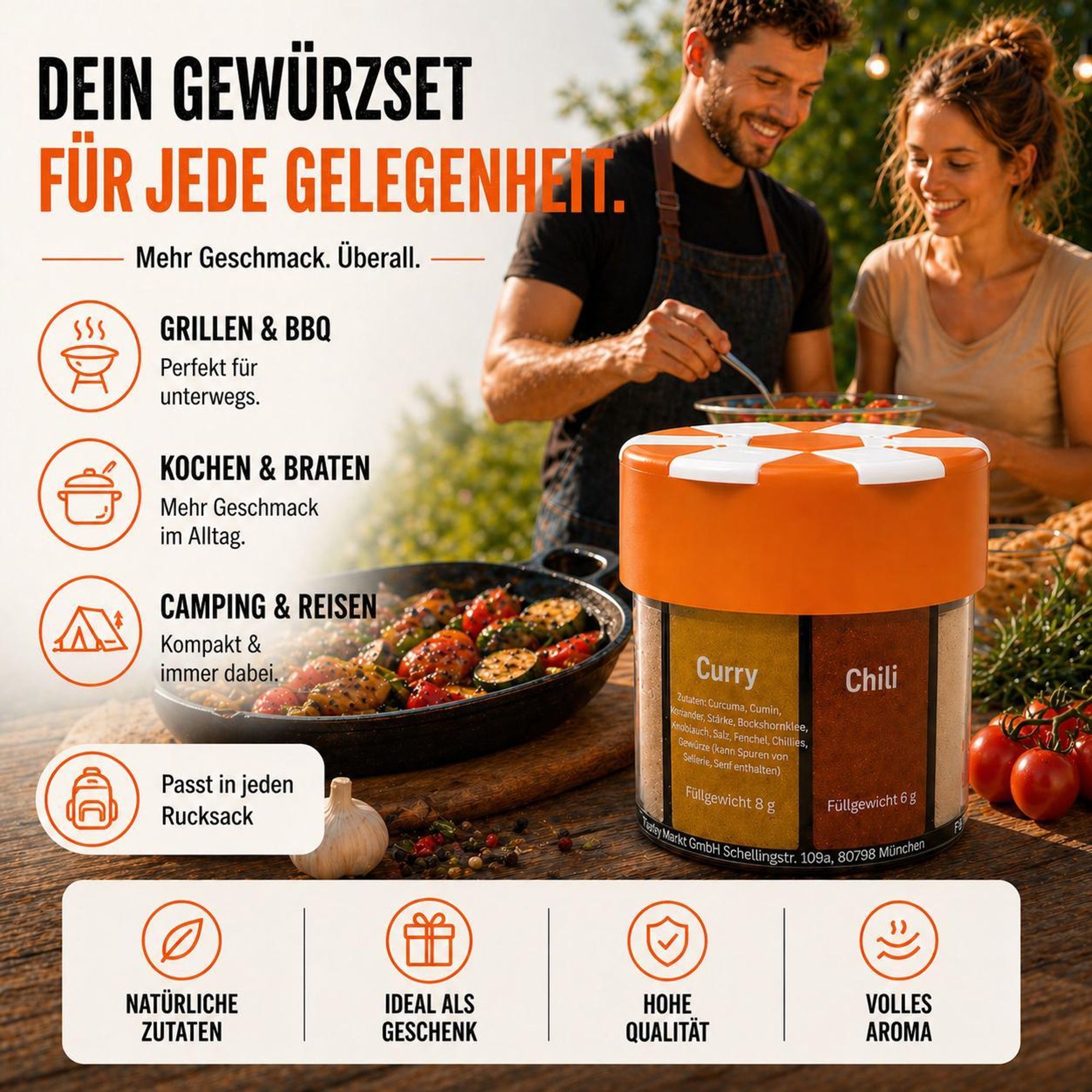 ration1 Gewürzstreuer XXL 6 in 1 – Camping Gewürzdose mit Salz, Pfeffer, Chili, Paprika, Knoblauch & Curry, nachfüllbar