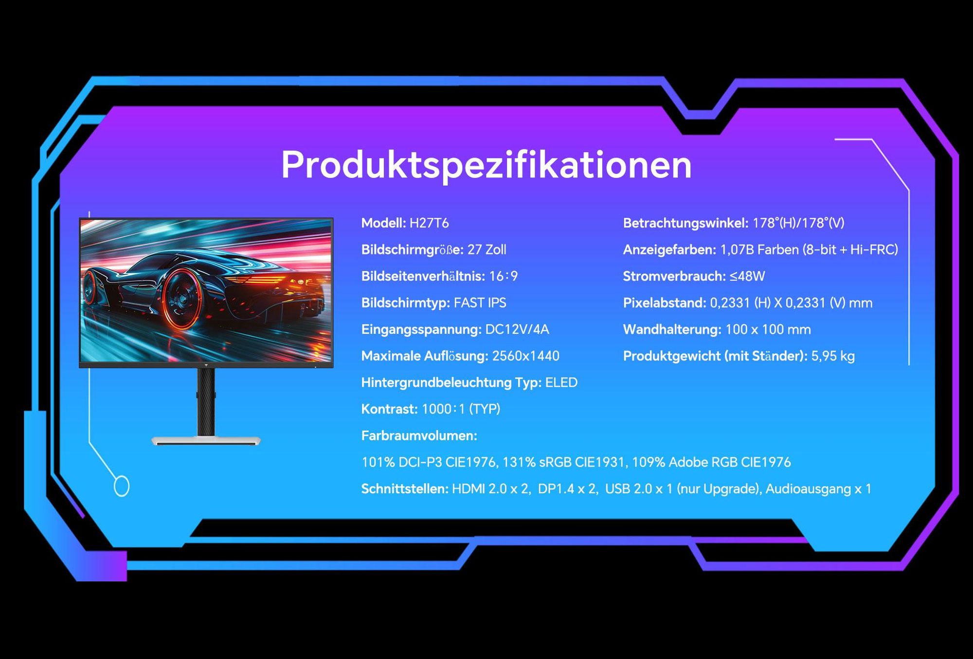 KTC H27T6 27 Zoll Gaming Monitor, QHD 210Hz Fast IPS, 1ms GTG, HDR400, FreeSync/G-Sync, höhenverstellbar