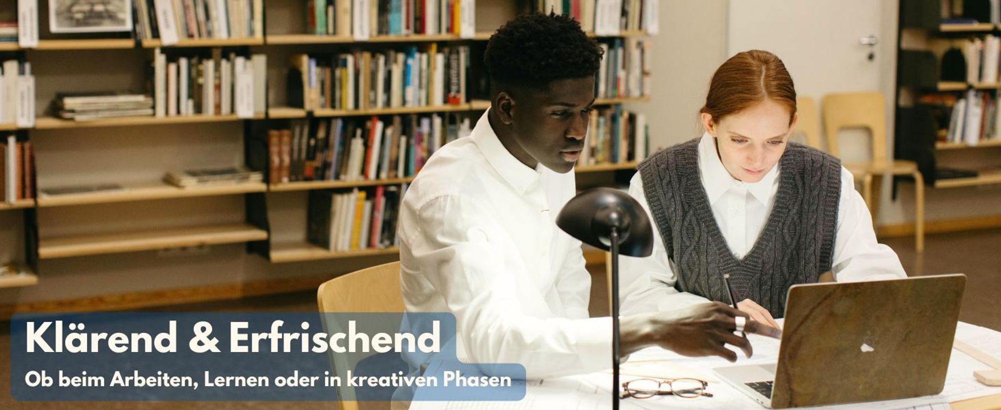 Zwei Studenten konzentriert in einer Bücherei sitzend