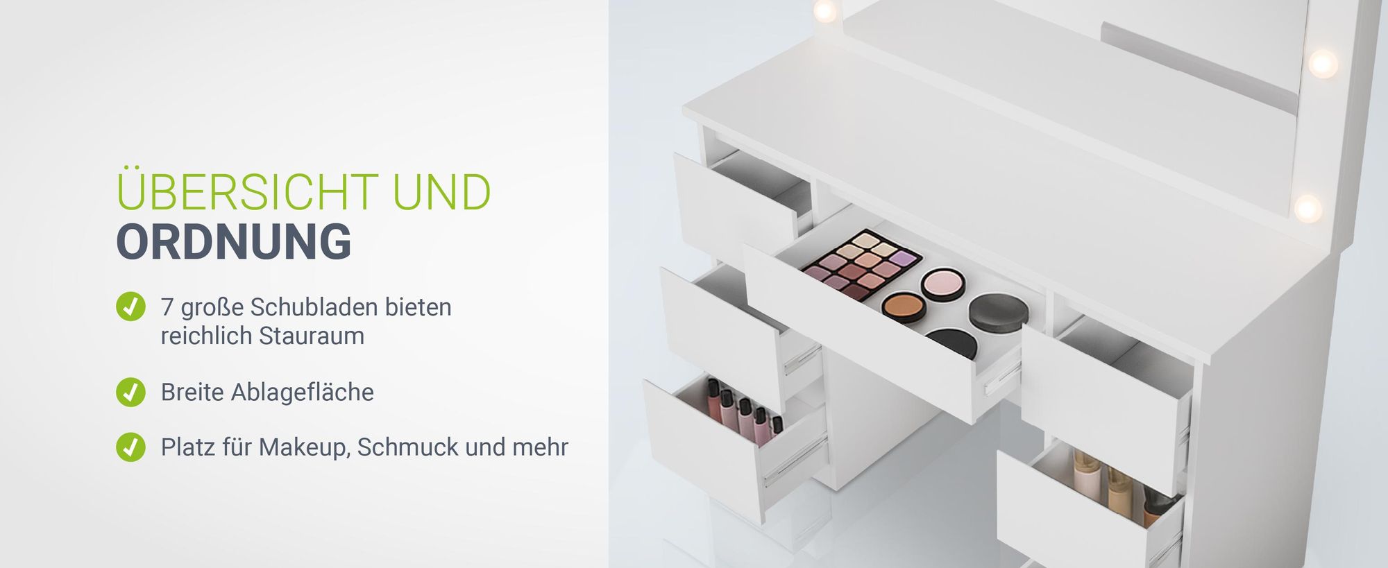 Juskys Schminktisch Lilia mit LED, 7 Schubladen & großem Spiegel – Weiß