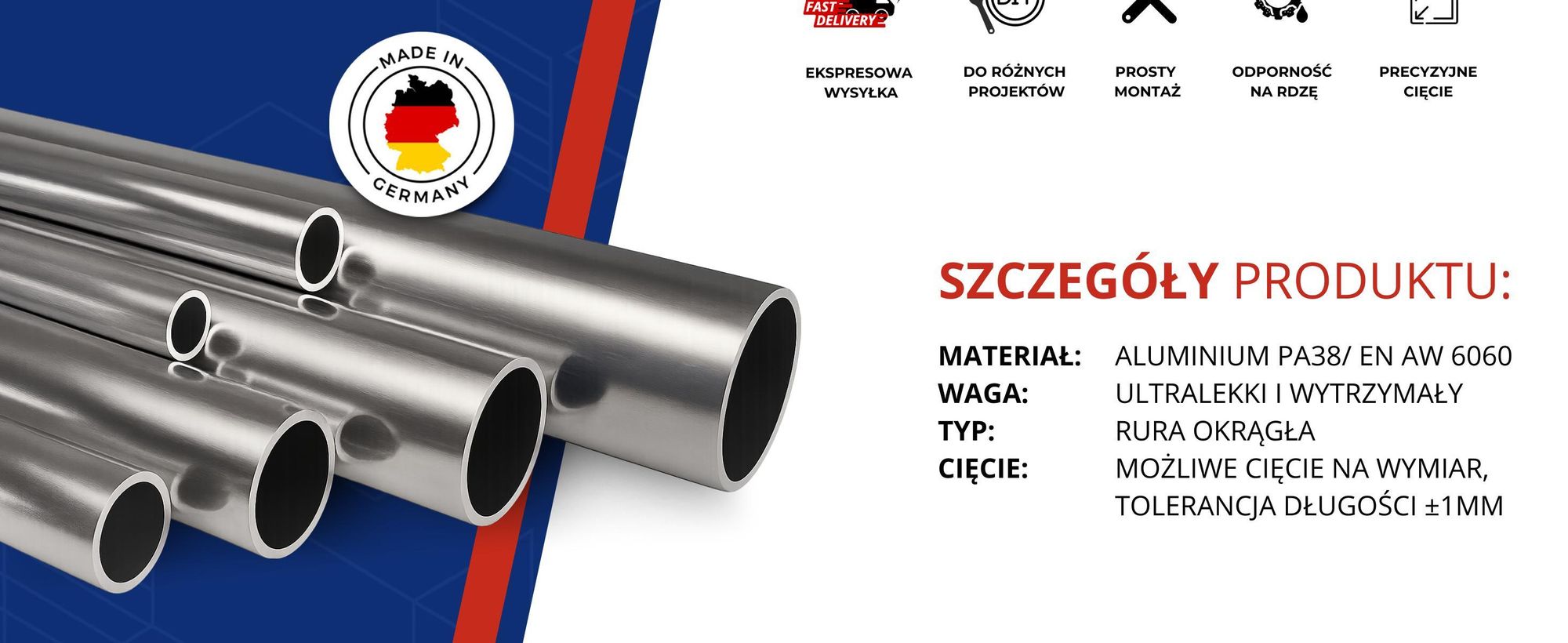 Rura Aluminiowa Okrągła 20x2mm fi 20 200cm Rurka Aluminium+Cięcie na wymiar