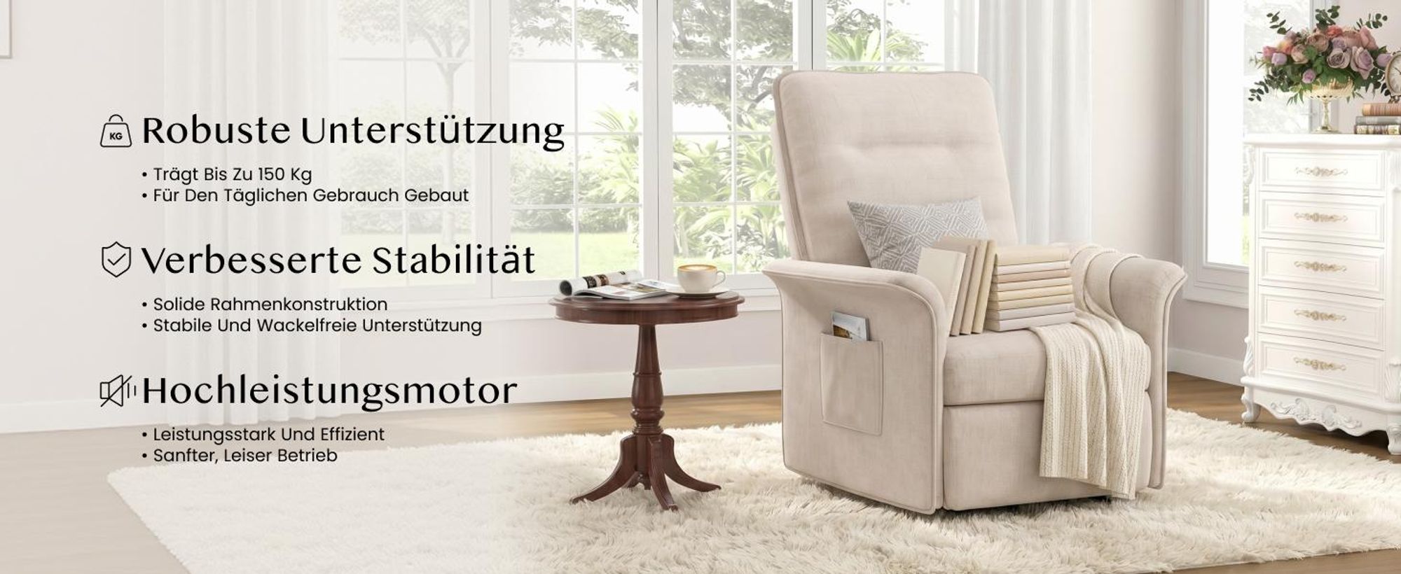 FLEXISPOT Elektrischer Relaxsessel mit Liegefunktion 105°–155°, Verstellbarer TV- & Fernsehsessel für Wohnzimmer, Rückenlehne & Fußstütze (Beige)