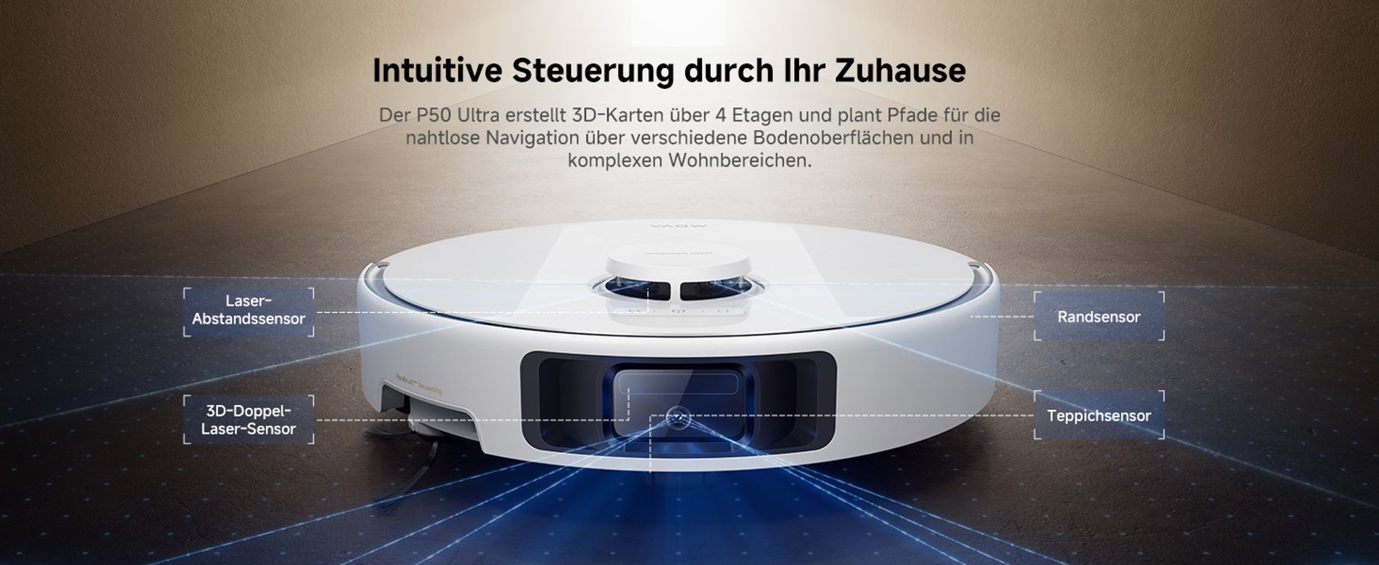 MOVA P50 Ultra Saugroboter mit flexiblem Wischmopp, 19.000 Pa Saugkraft, automatische Wischmoppreinigung bei 75 ℃, automatische Leerung & Nachfüllung
