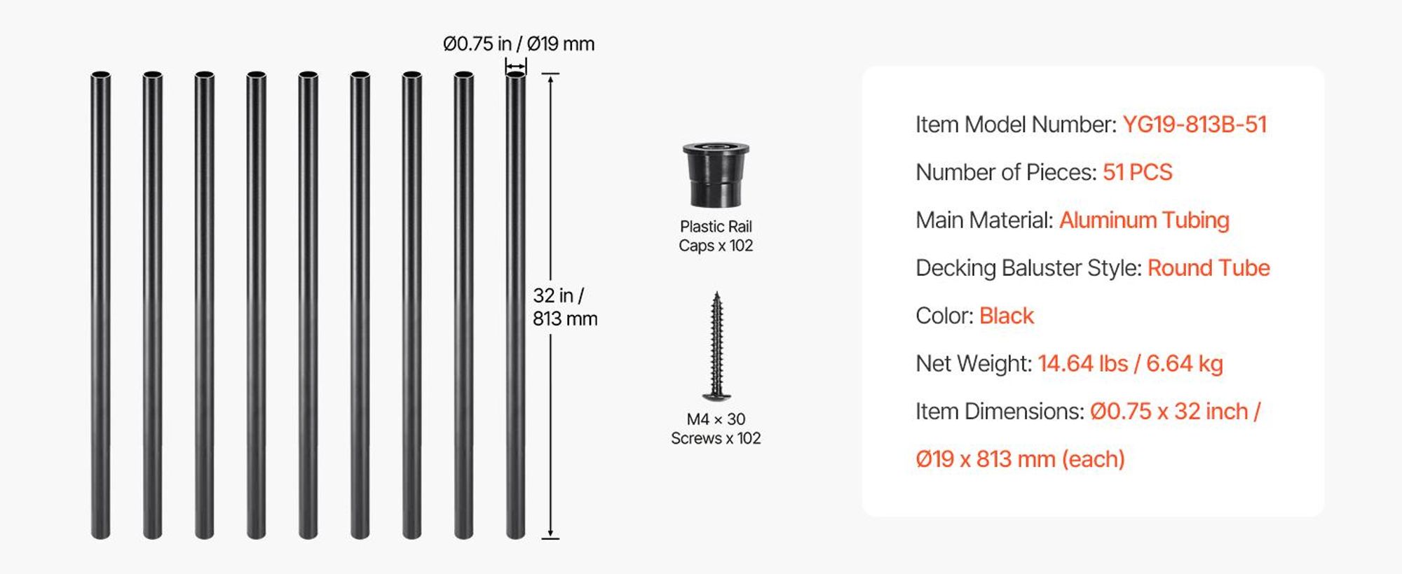 VEVOR Treppen Metall Baluster, 3/4'' Rund x 32'' Lang Aluminium Dekorative Geländer Spindeln, 101er Pack Deck Baluster mit Schrauben, Klassische Hohl Deck Geländer Satin Schwarz Pulverbeschichtet für Veranda, 51 Stück-81,3 cm