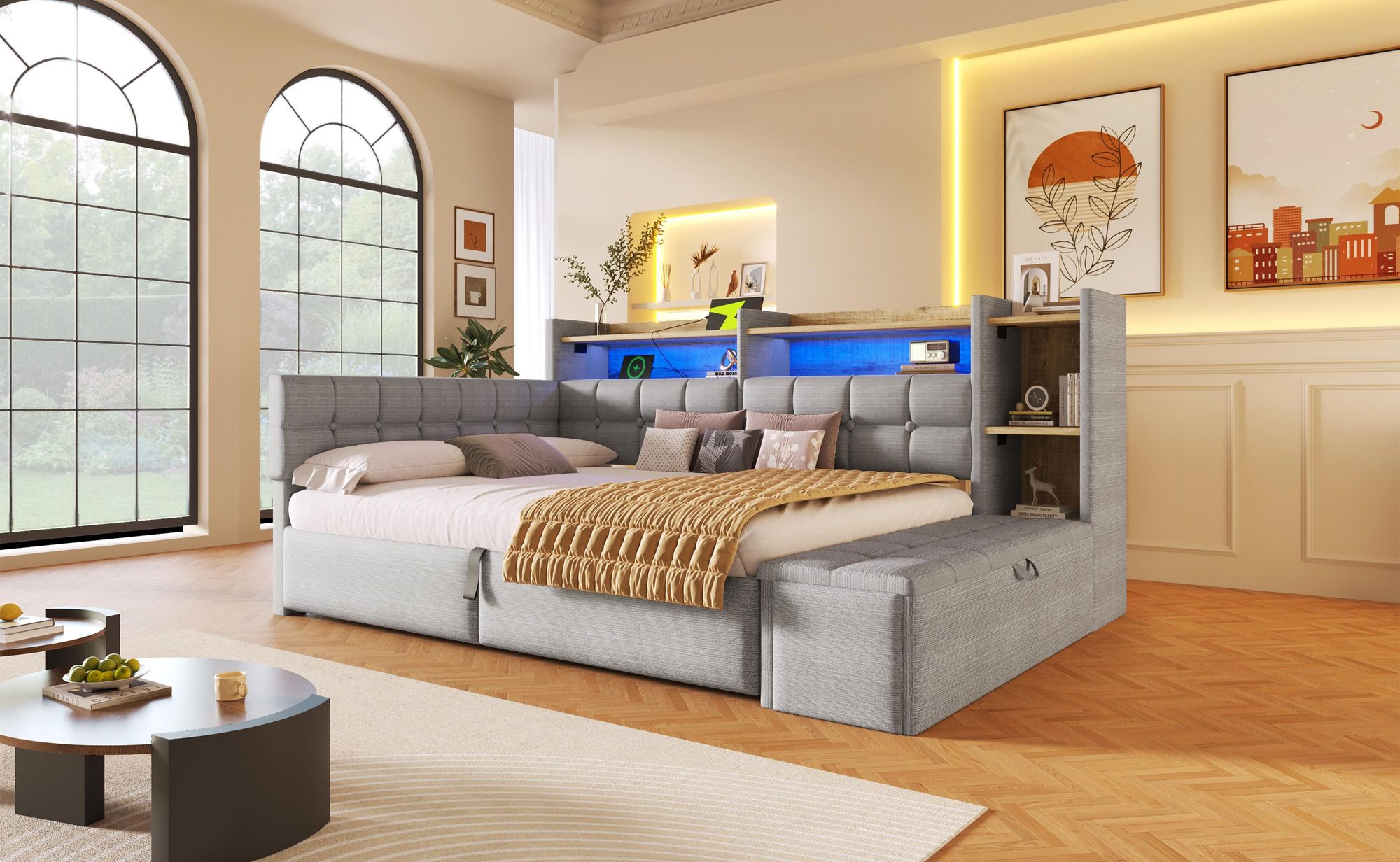 Merax Tagesbett Daybett 140x200cm, Schlafsofa mit 2 Schubladen, USB & Typ-C, Regal mit LED, Stauraumbank, Polsterbett, Kinderbett, Samt, Grau