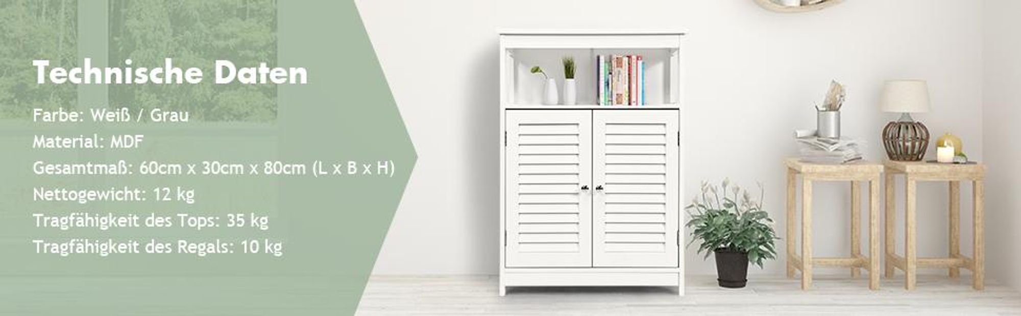 COSTWAY Badezimmer Schrank Aufbewahrungsschrank mit 2 Rollladentüren für Bad Küche Wohnzimmer Weiß