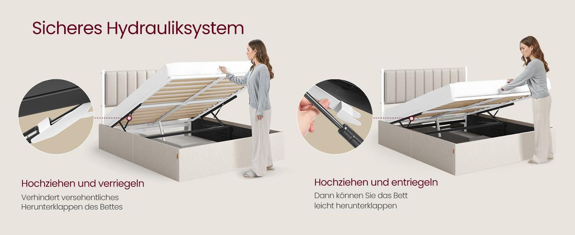 VASAGLE Bettgestell, 160 x 200 cm, hochklappbar Lattenrost, Stauraum unter dem Bett, mit Kopfteil, beige