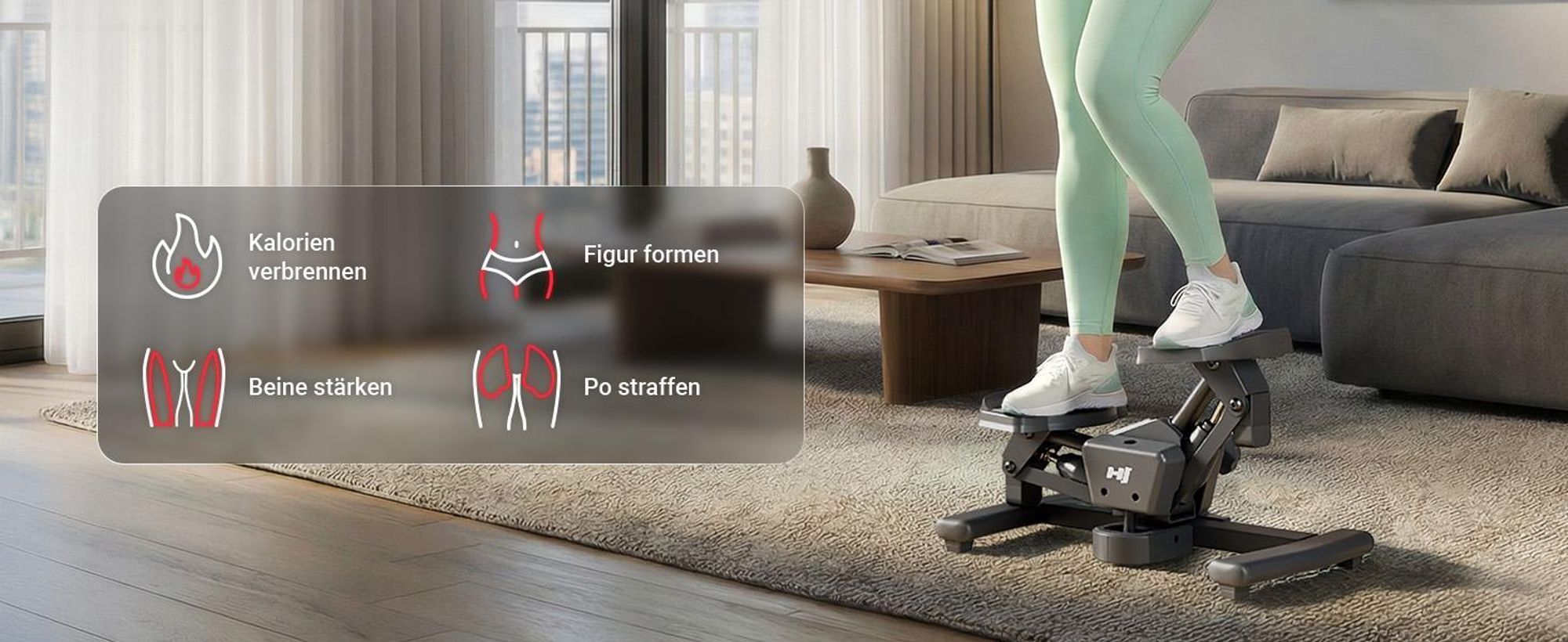 HOP SPORT® HS-060S Mini Stepper für Zuhause, Swing & Twist Stepper, Hometrainer für Bein-, Arm- & Po-Training, Fitnessgerät, Drehstepper LCD-Display