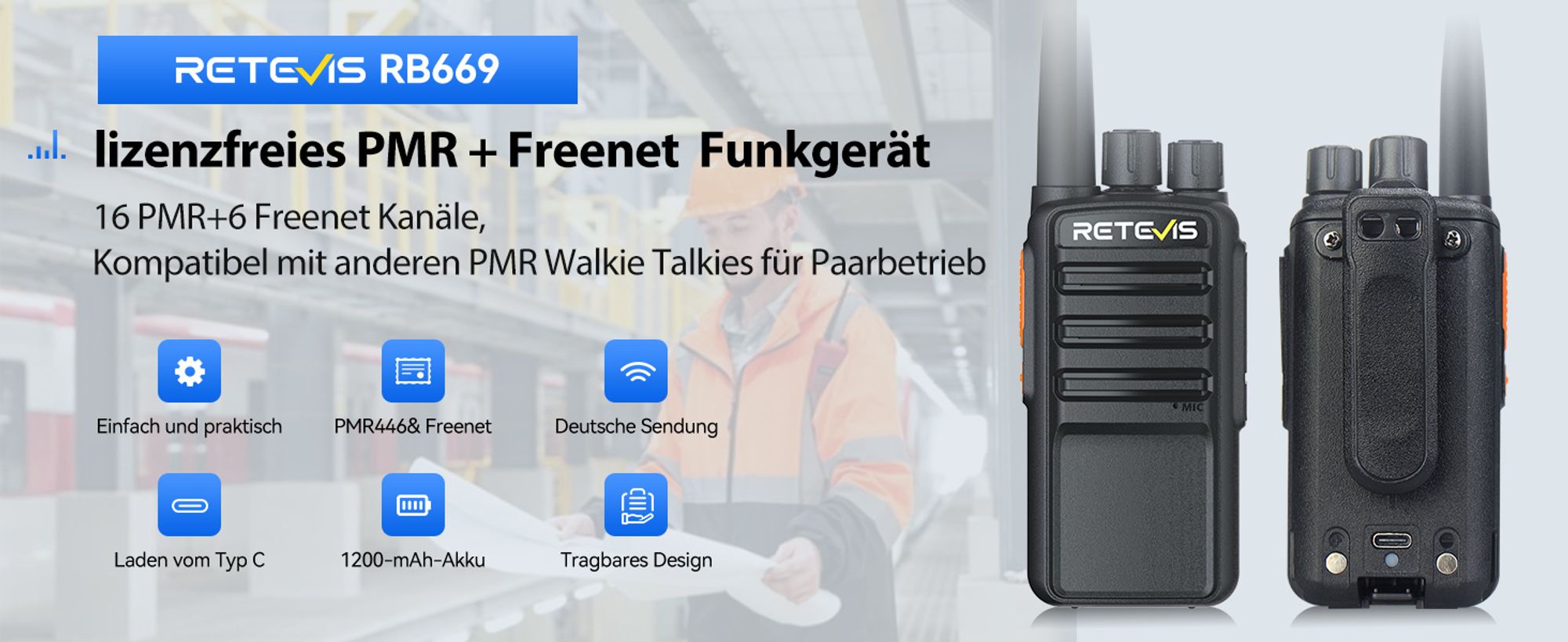 Retevis RB669 Freenet PMR446 Funkgerät, Lizenzfrei Funkgeräte RT24V 2.0, 16 und 6 Freenet Kanäle, Deutsches Sprachsystem, Großer Reichweite Funkgerät