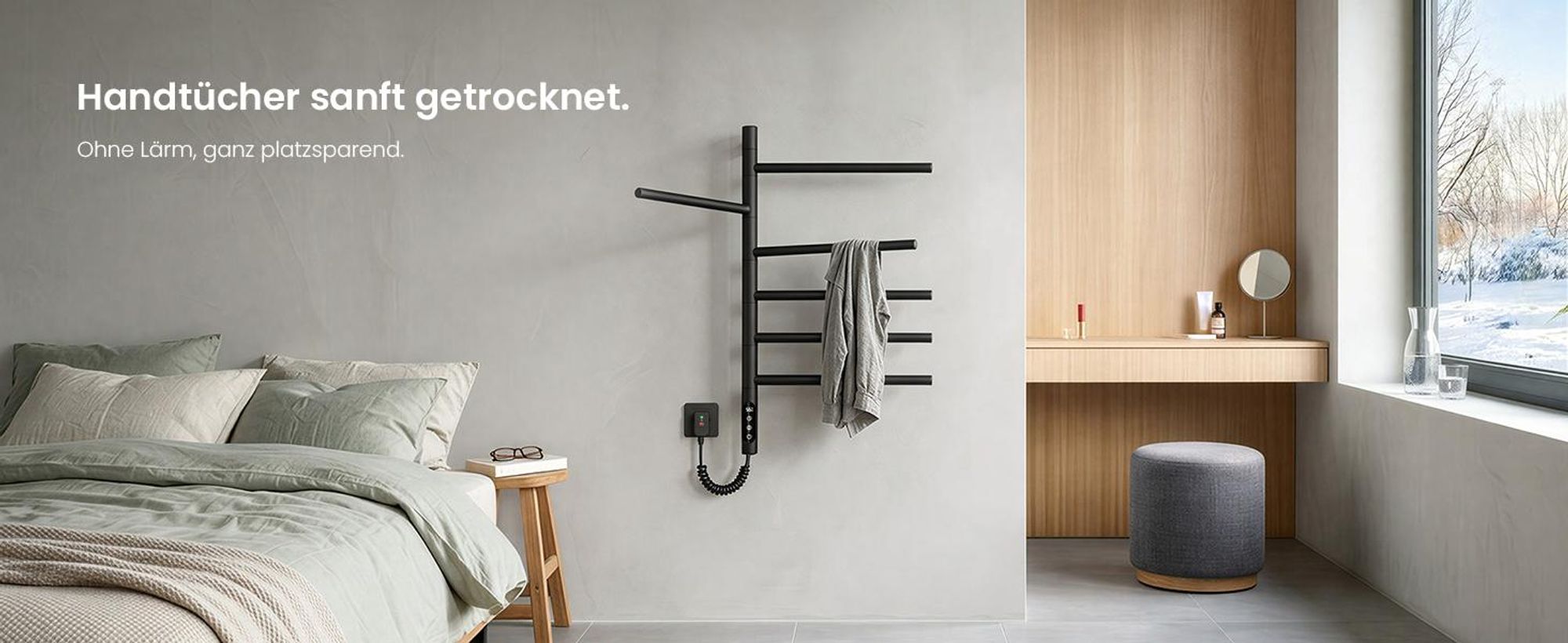Heilmetz Elektrischer Handtuchheizkörper 78x45 cm Schwarz, Drehbar Handtuchtrockner mit WLAN App & Sprachsteuerung, Timer, 135W, Mit / Ohne heizstab