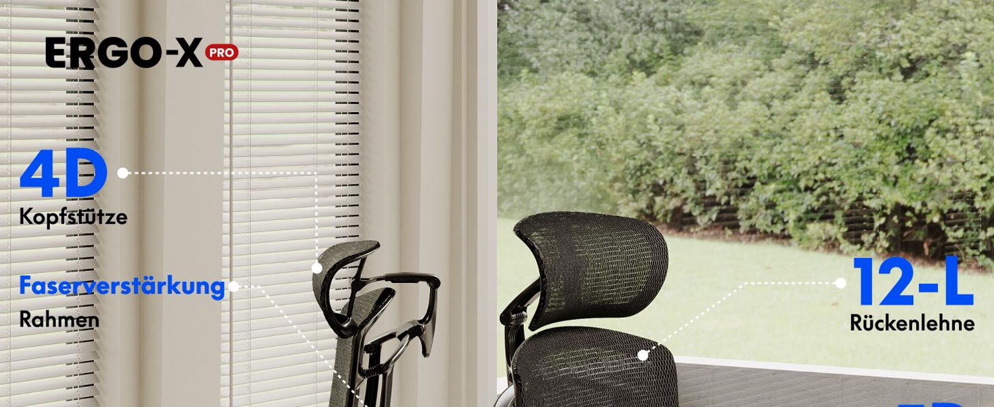 FLEXISPOT ErgoX Pro Ergonomischer Bürostuhl 12-stufig höhenverstellbar 7D Armlehnen 5D Lendenstütze 4D Kopfstütze 250 kg Tragkraft Netzsitz Schwarz