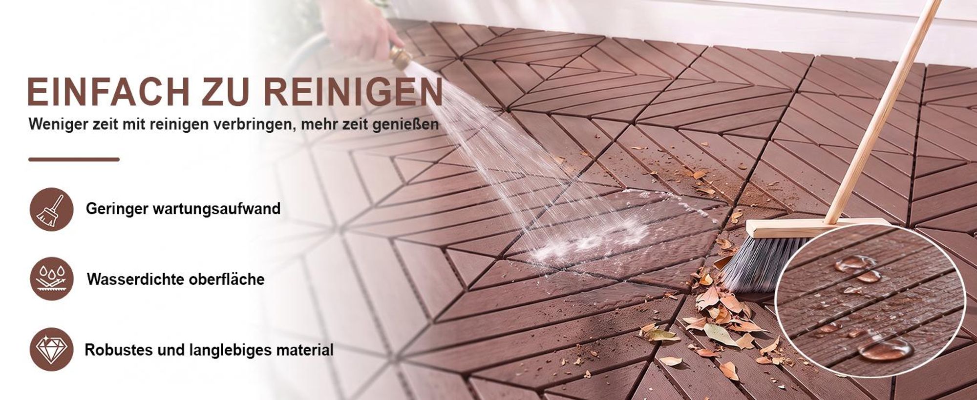 44 Stück Terrassenfliesen Stecksystem Klickfliesen Dielen für Terrasse Garten Balkon Pool[Braun - Schräge Streifen]