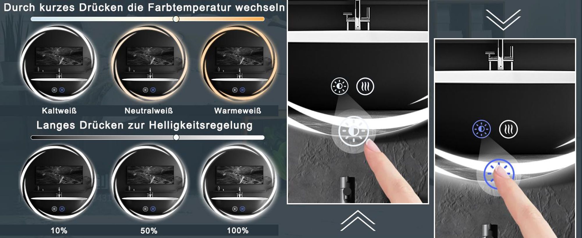 ZMH Koupelnové zrcadlo s osvětlením Koupelnové zrcadlo Kulaté Kulaté 70 cm LED zrcadlo Touch Stmívatelné světlo Bez zamlžování Kulaté zrcadlo Osvětlené pro koupelny