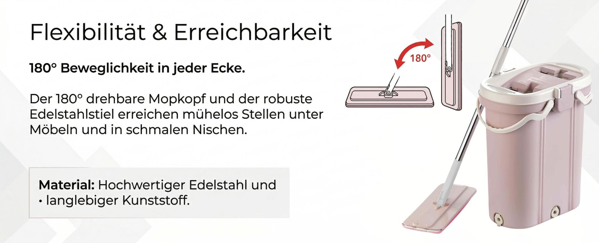 Mops mit 180° drehbarem Kopf und Edelstahlstiel.