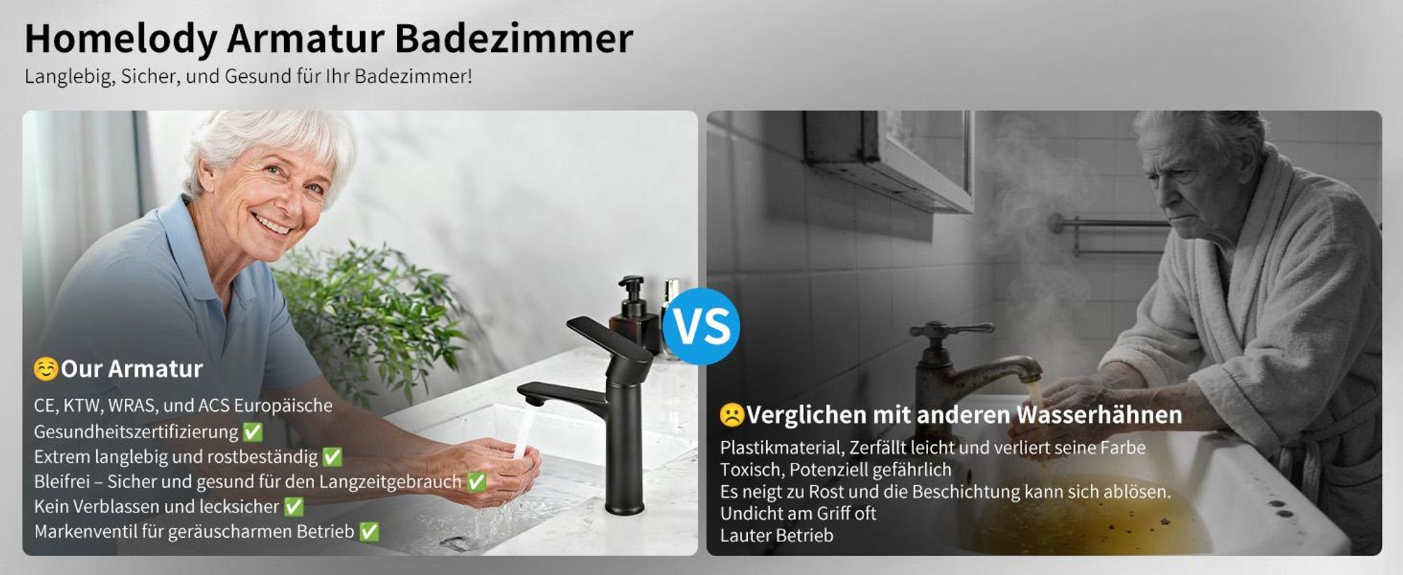 Homelody Wasserhahn Bad Schwarz +Universal Ablaufgarnitur Schwarz, Armatur Mischbatterie Waschbeckenarmatur mit Pop-Up Ventil Edelstahl Messing