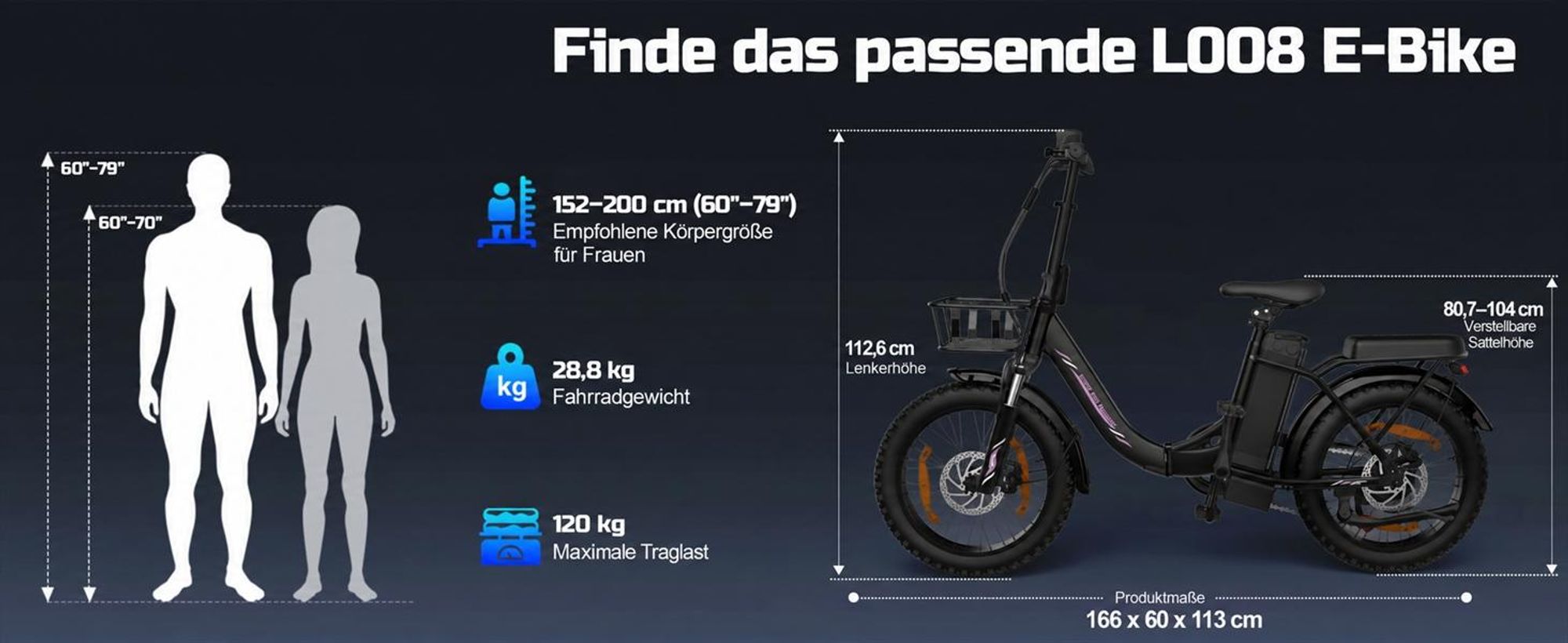 Runetic Ebike, Foldable e-bikes, 250W Motor, 36V 13Ah herausnehmbarer Akku, bis zu 80 km Reichweite, 25 km/h, 20" x 3,0" Breitreifen - Schwarz