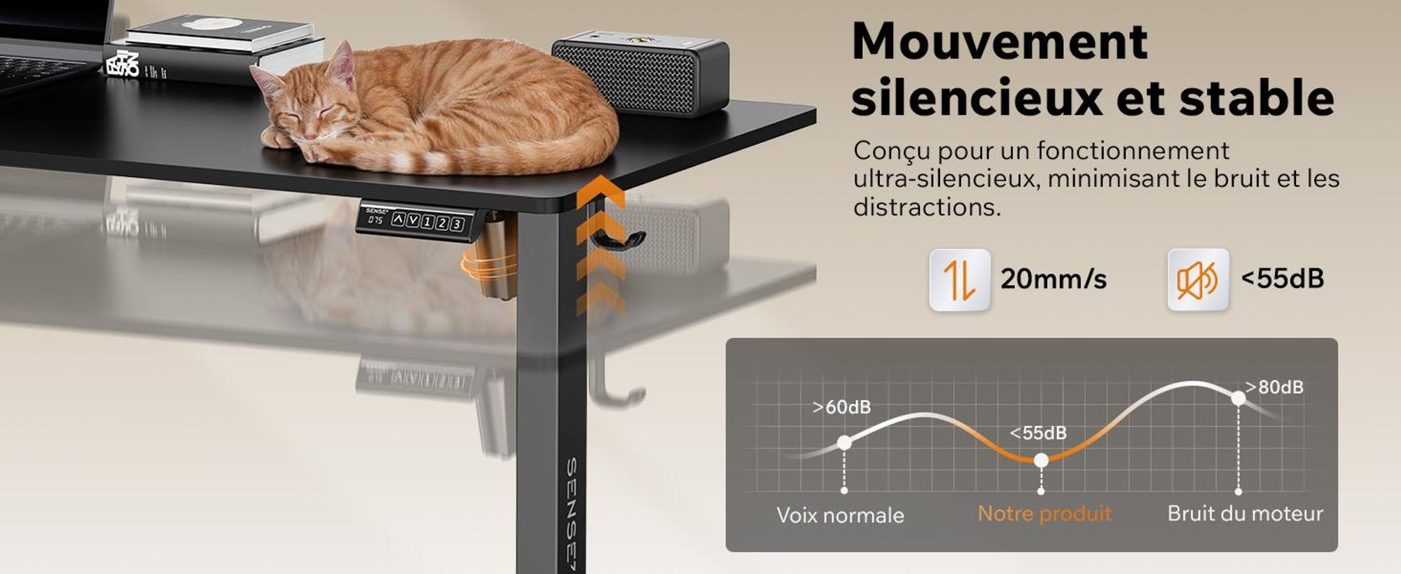 SENSE7 NOJO Light : piètement de bureau électrique réglable en hauteur | 72-118 cm, fonction mémoire, support pour casque, charge max. 70 kg, piètement en acier