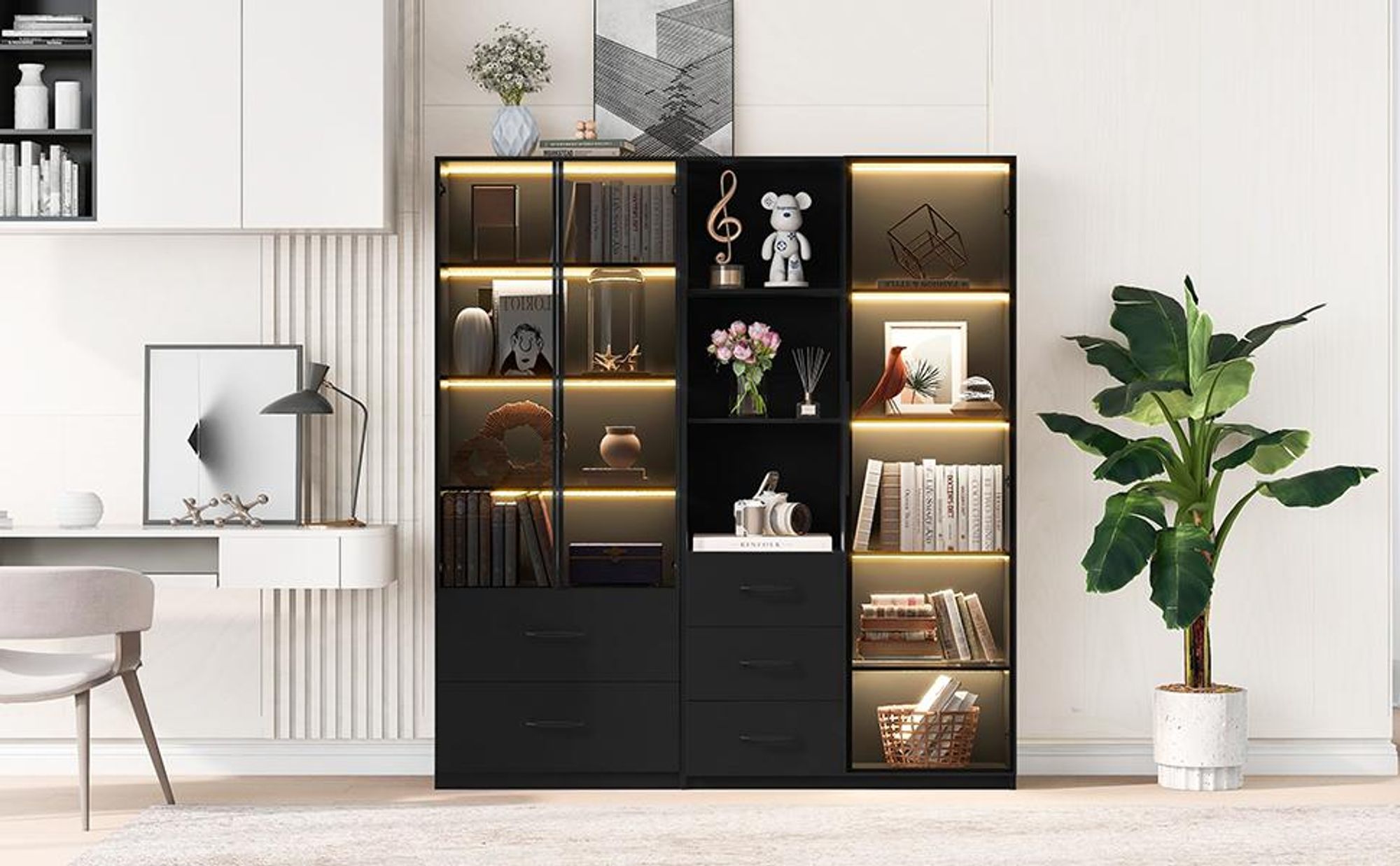 Merax Glasvitrine mit Glastür, Regale, Schubladen, Hochschrank, Stehend Vitrinenschrank für Wohnzimmer Schlafzimmer, 140x40x160cm, Schwarz