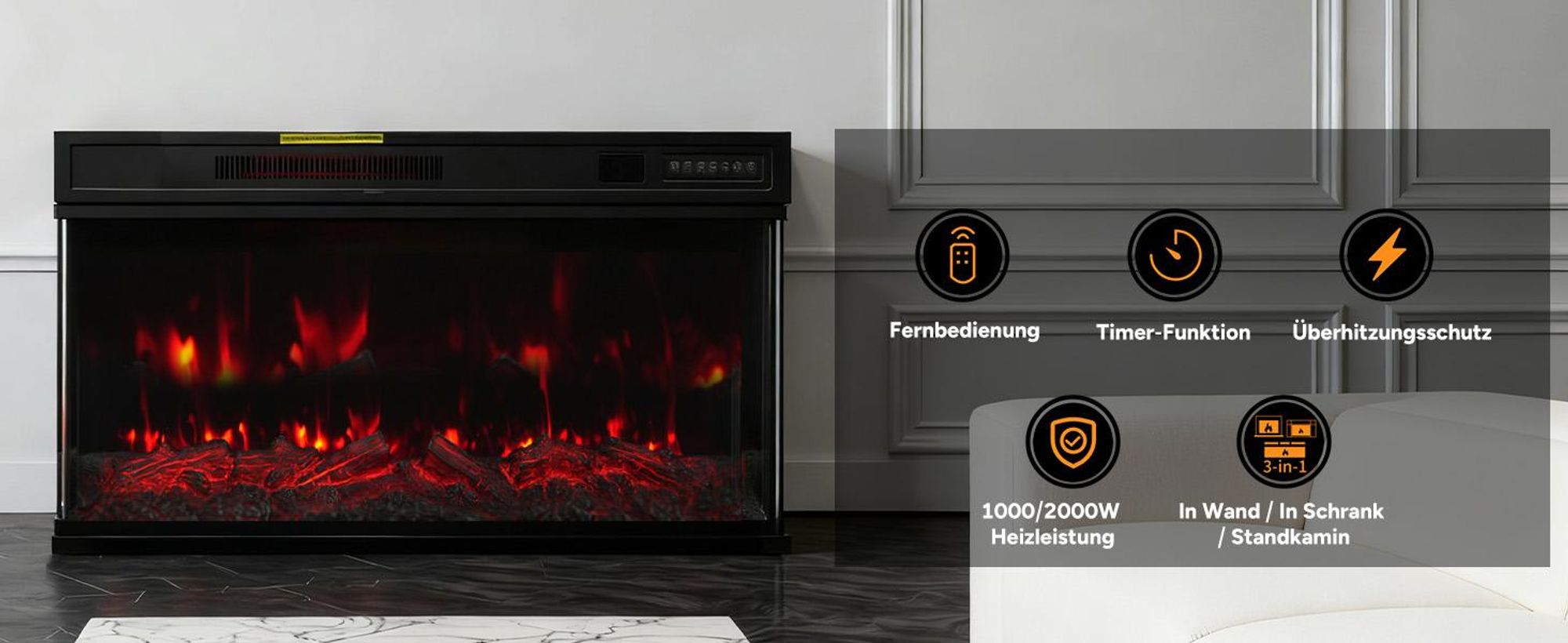 HOMAVO 36-Zoll Elektrokamin mit Heizung - 1000 / 2000W - Stand / Einbaukamin - 3D Flammenfarben - LED & Timer