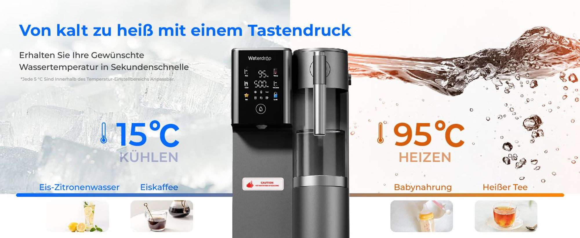 [Mineralisiert] Waterdrop WD-A2G Auftisch-Umkehrosmoseanlage, Heiß- und Kalt-RO, Tragbarer Reinwassertank, 6 Temperaturen