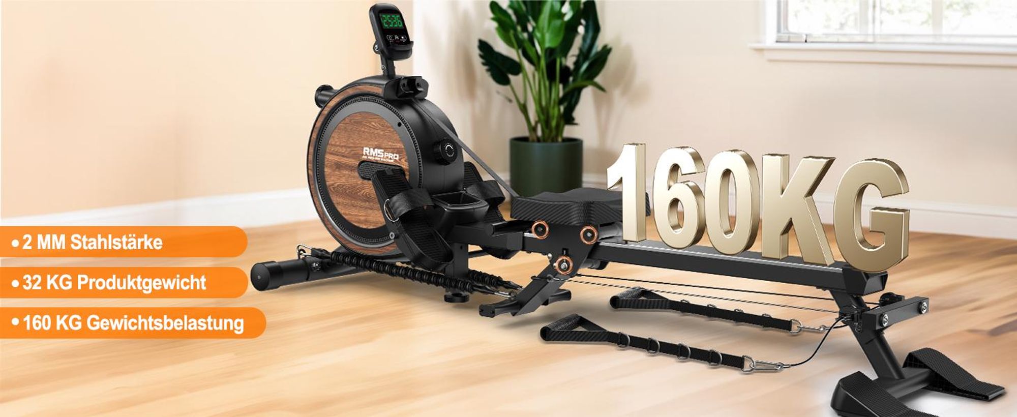 VOWVIT Heim-Rudergerät magnetischer Widerstand, Bluetooth, Tablet-Halterung, bis 160 kg