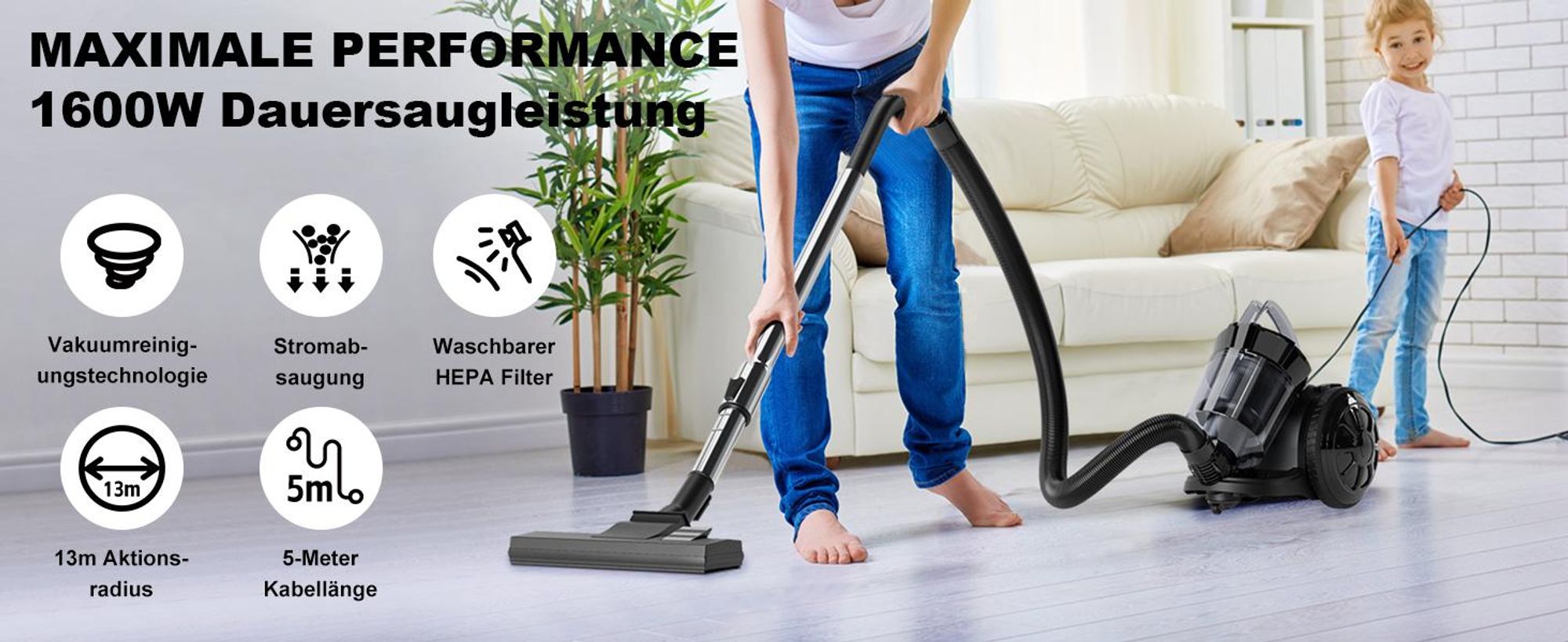 Staubsauger, Bodenstaubsauger, 1600W Beutelloser Staubsauger | 70dB | | HEPA Filter Bodendüse für Parkett, Teppich, Fliesenleistungsstarker