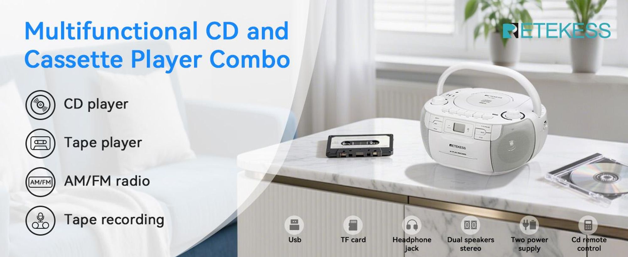 Retekess TR621 Přenosné CD rádio, kazetový přehrávač CD, stereo s AM FM rádiem, kazetový magnetofon, podpora USB/TF/sluchátek, s dálkovým ovládáním