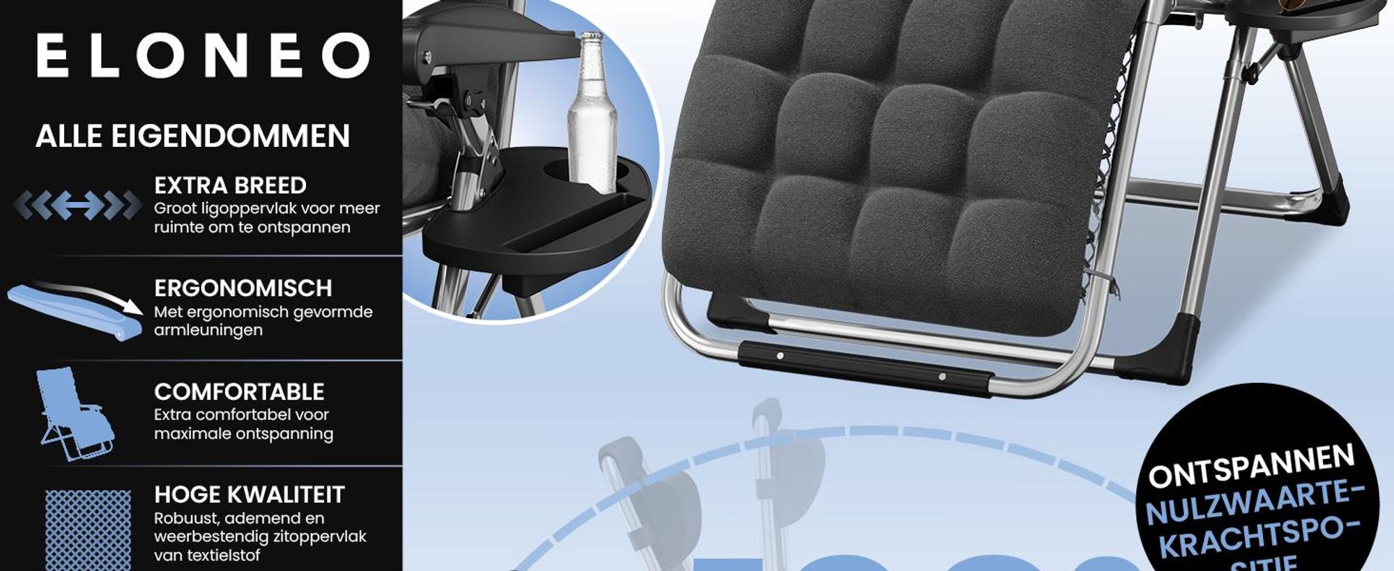ELONEO Ligbed, inklapbaar, met premium bekleding, weerbestendige ligbed met een draagvermogen van 200 kg, extra brede tuinstoel met bekerhouder, zwart