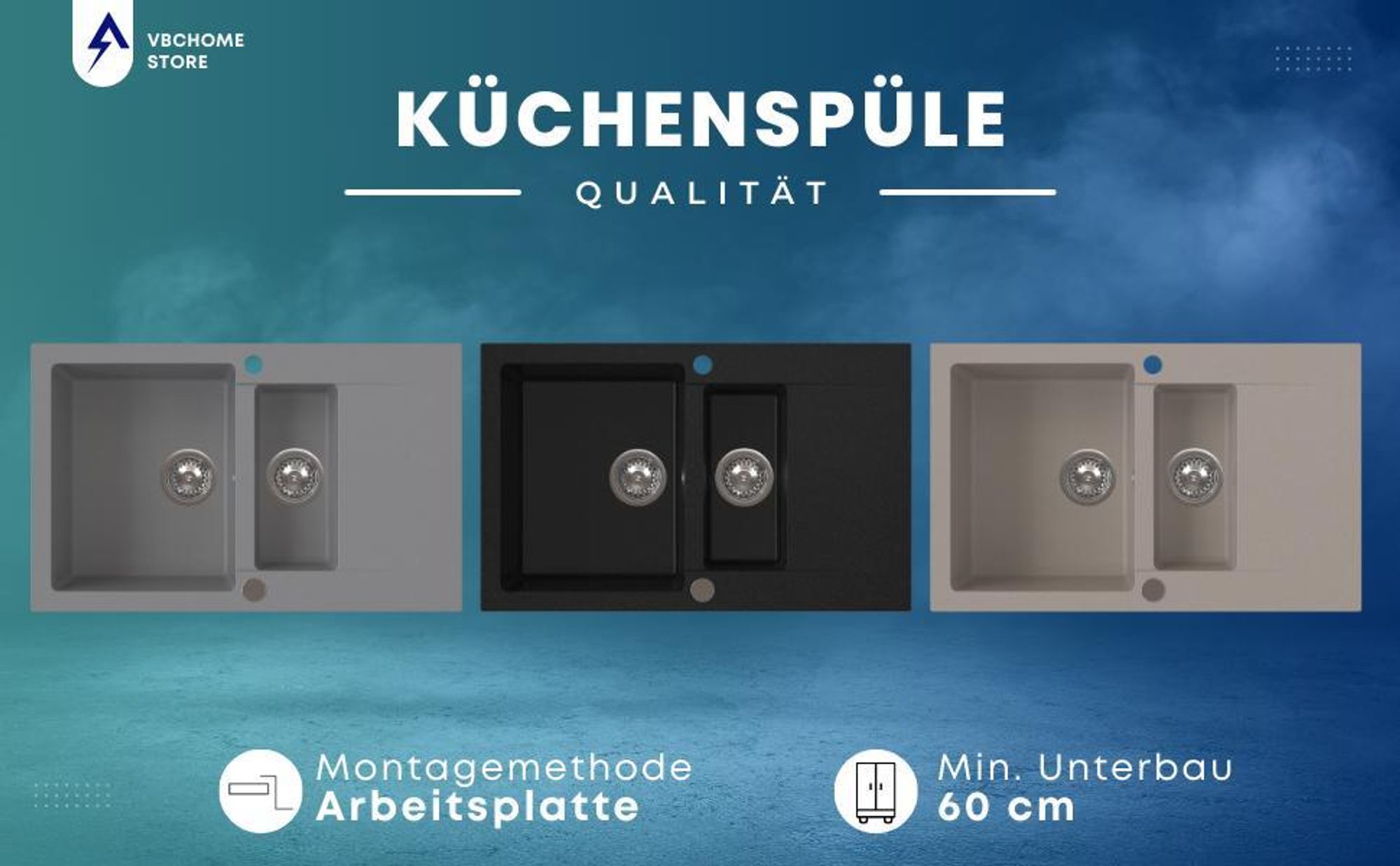VBChome Spülbecken 80x50x20 cm Schwarz Granit 1,5 Becken Abtropffläche Einbauspüle gesprenkelt Restebecken Siphon
