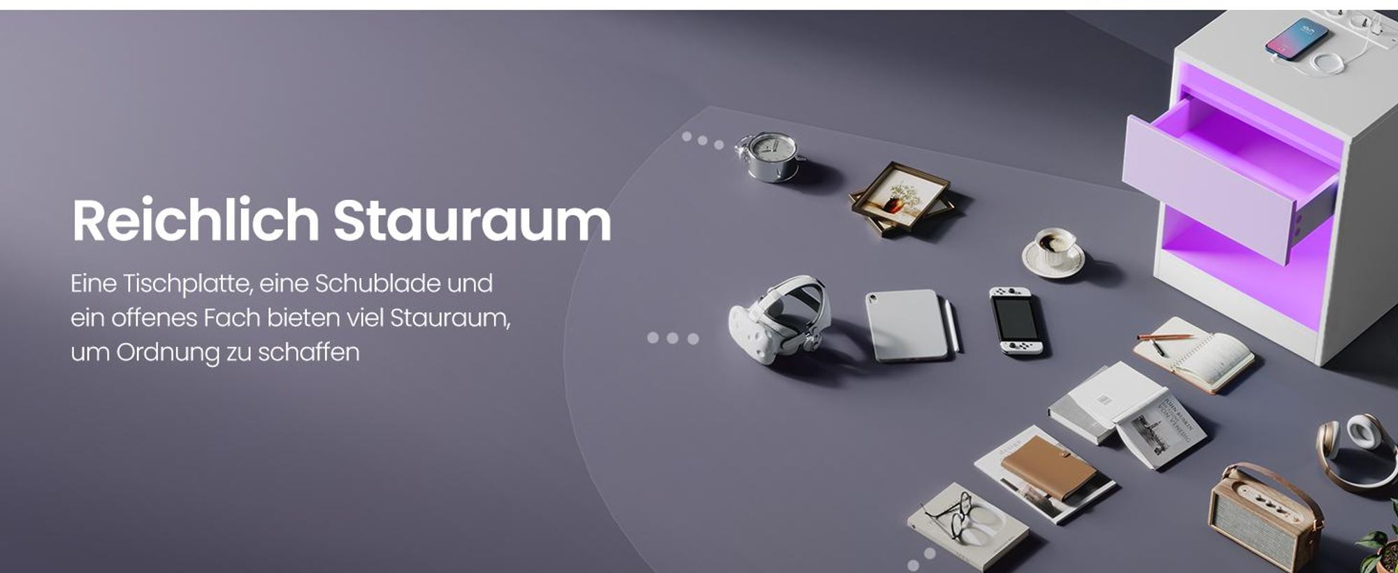 VASAGLE Nachttisch mit einstellbarer LED, Beistelltisch mit Steckdosen