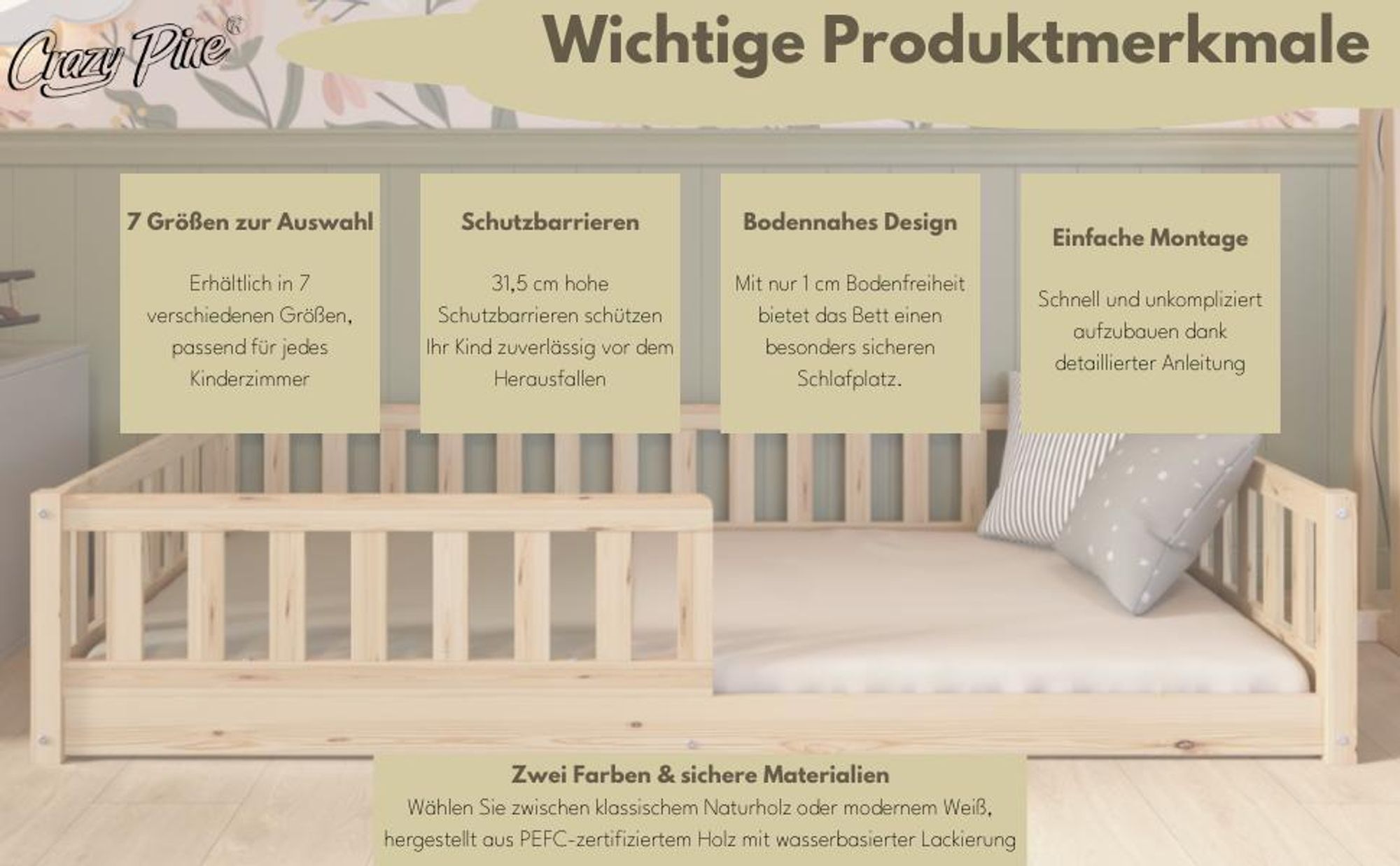Crazy Pine Kinderbett 80x160 cm – Massives Montessori Bodenbett aus Holz mit Rausfallschutz – Crazy Basic