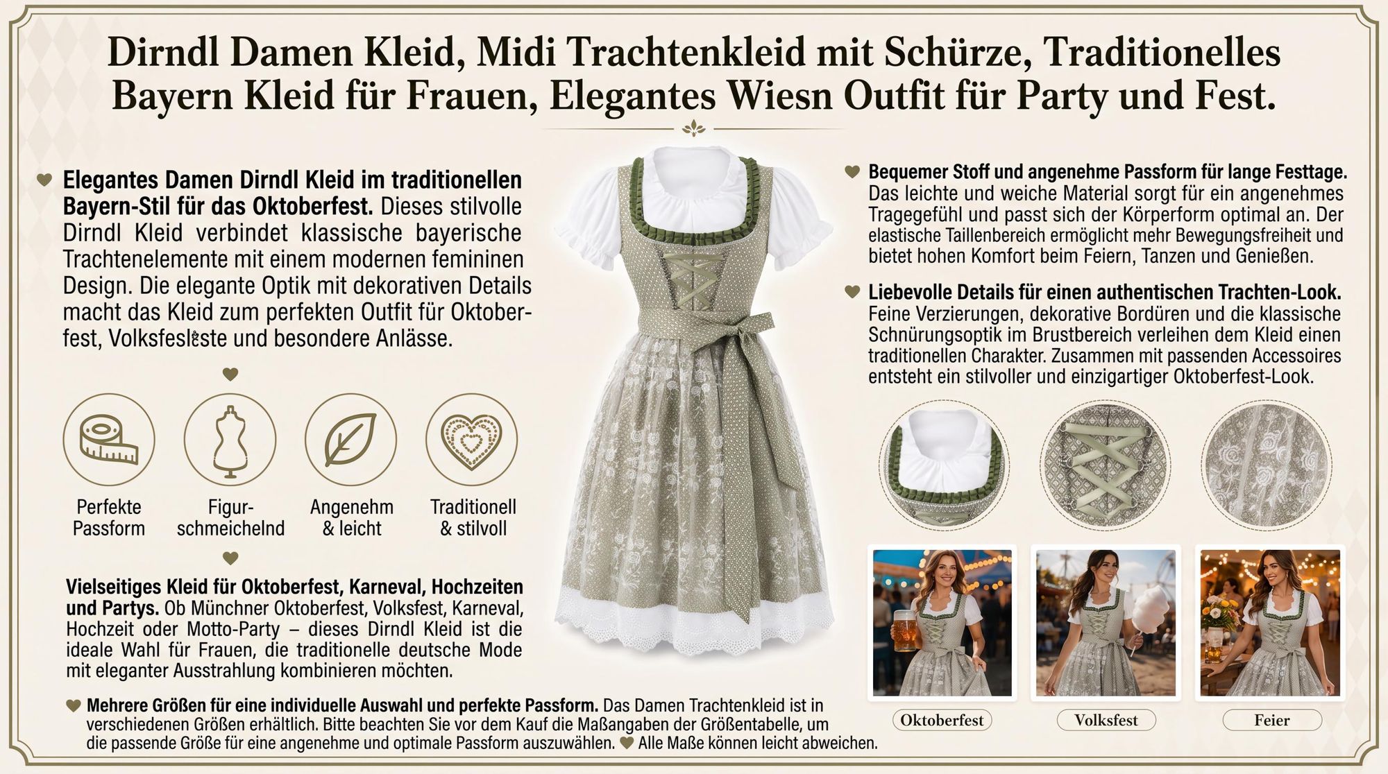 Dirndl Damen   Kleid, Midi Trachtenkleid mit Schürze, Traditionelles Bayern Kleid für Frauen, Elegantes Wiesn Outfit für Party und Fest-M