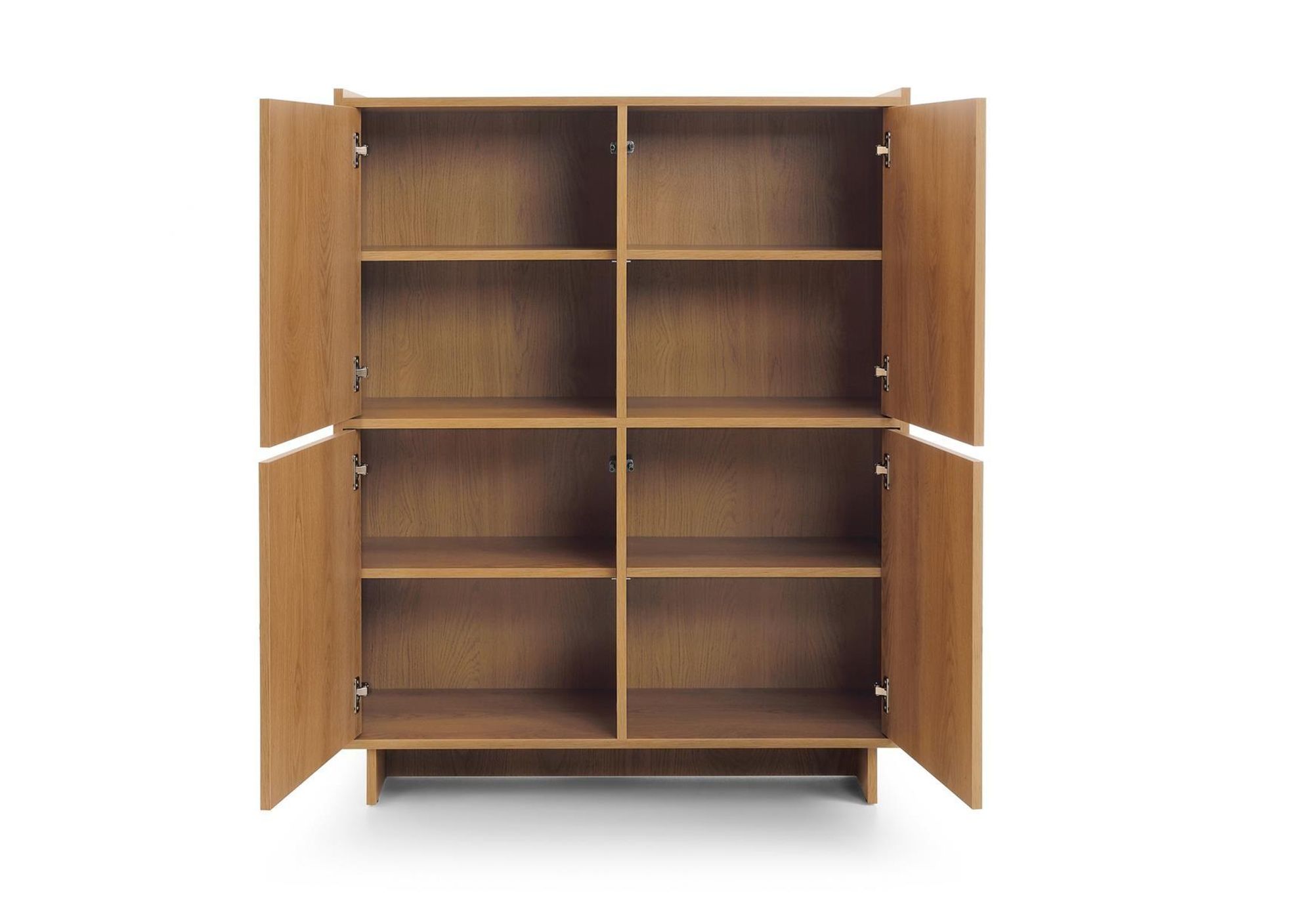 BETTSO Highboard SUNA Japandi Schrank Kommode hoch Eiche Caramel grifflos Wohnzimmer, 4 Türen, 8 Fächer, 98x124x39 cm, Saugroboter-geeignet