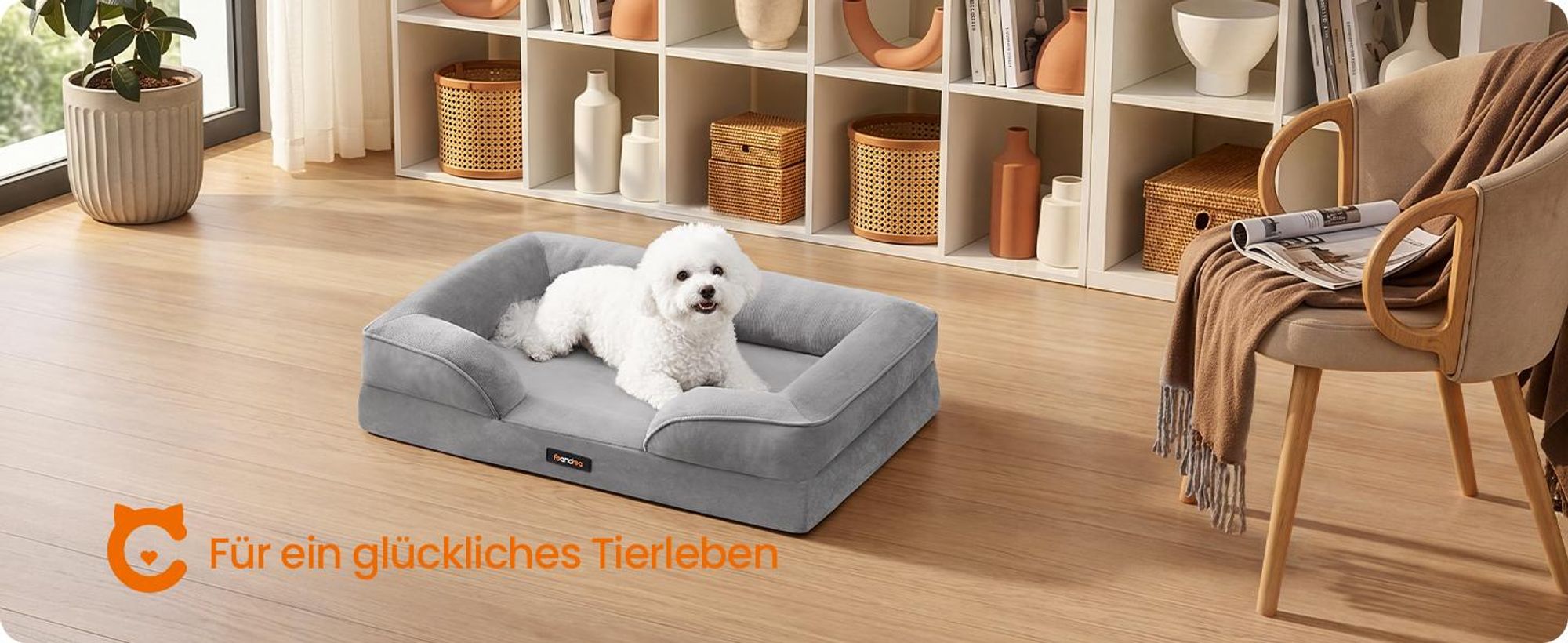 FEANDREA Orthopädisches Hundebett M, abnehmbarer Bezug, erhöhte Ränder, rutschfest, waschbar, Haustierbett, hellgrau