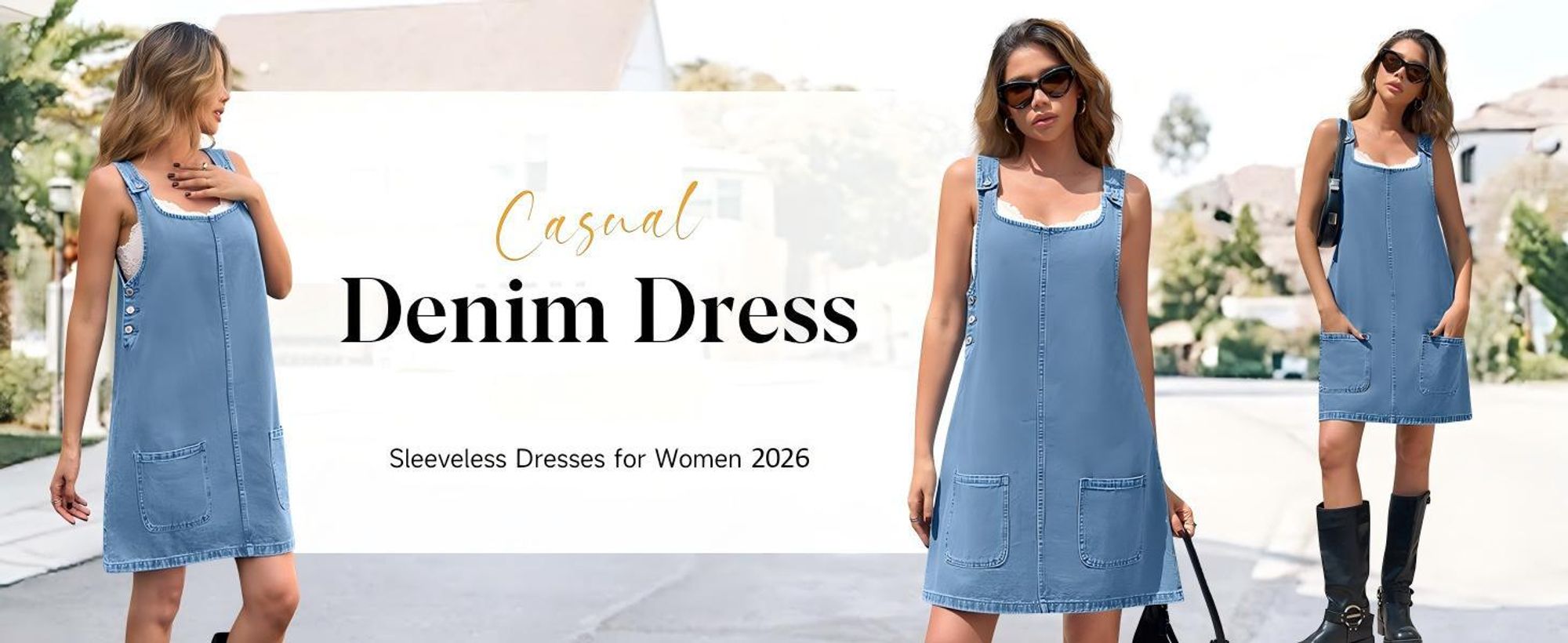 Ärmelloses Damen-Jeanskleid – Lässiges Vintage-Overall-Kleid aus Denim mit Rundhalsausschnitt, lockerer Passform und Taschen