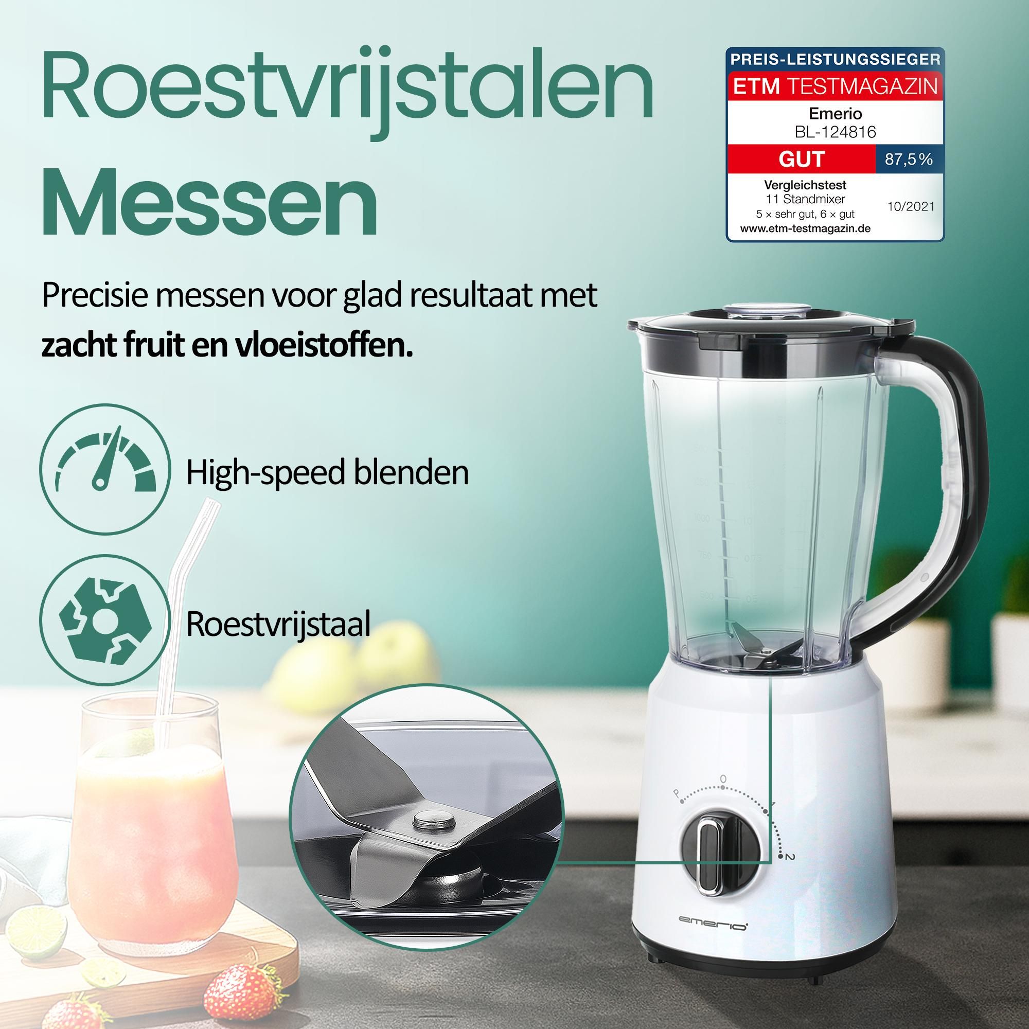 Emerio Blender BL-124816.7 – 1,5 L – 500 W – 2 Snelheden – RVS Messen – Wit