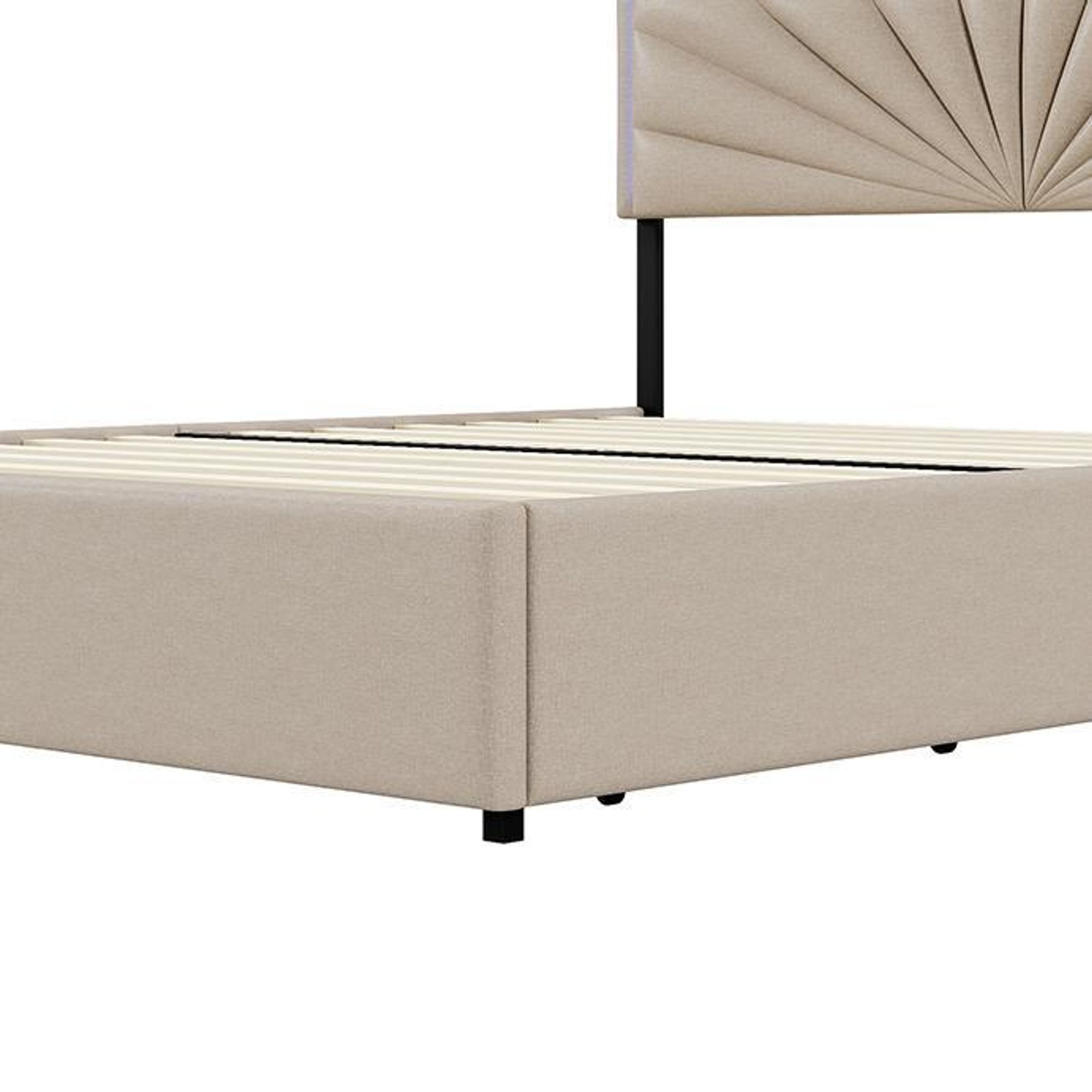 Fortuna Lai Polsterbett 140x200 cm mit höhenverstellbarem Kopfteil, LED-Beleuchtung und 4 Schubladen – Funktionsbett Doppelbett aus Leinen, Beige
