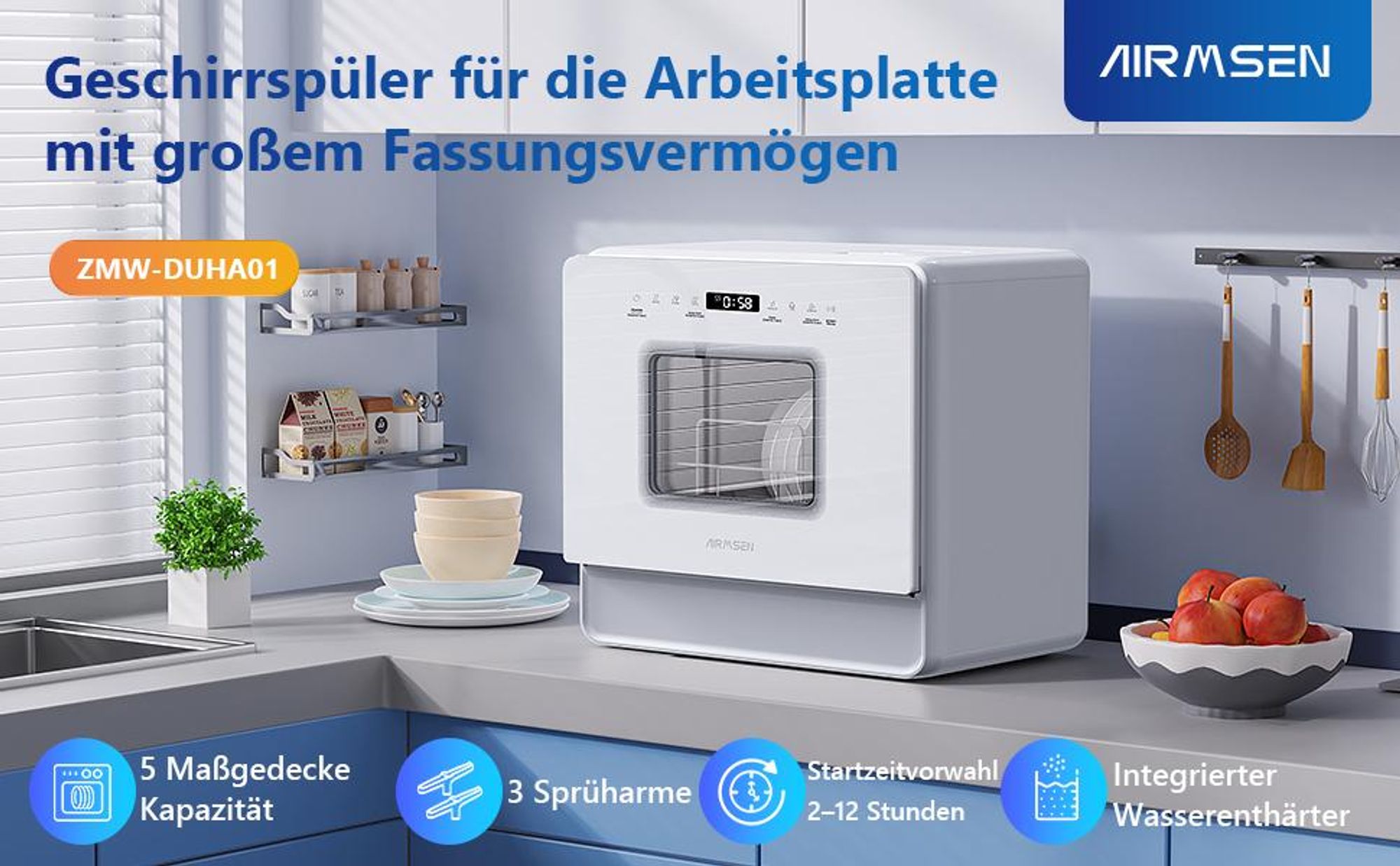 AIRMSEN Mini Geschirrspüler ,Geschirrspülmaschine mit mit 7Programe für 6Gedecke, Wasserenthärtungssystem, funktioniert mit/ohne Wasseranschluss