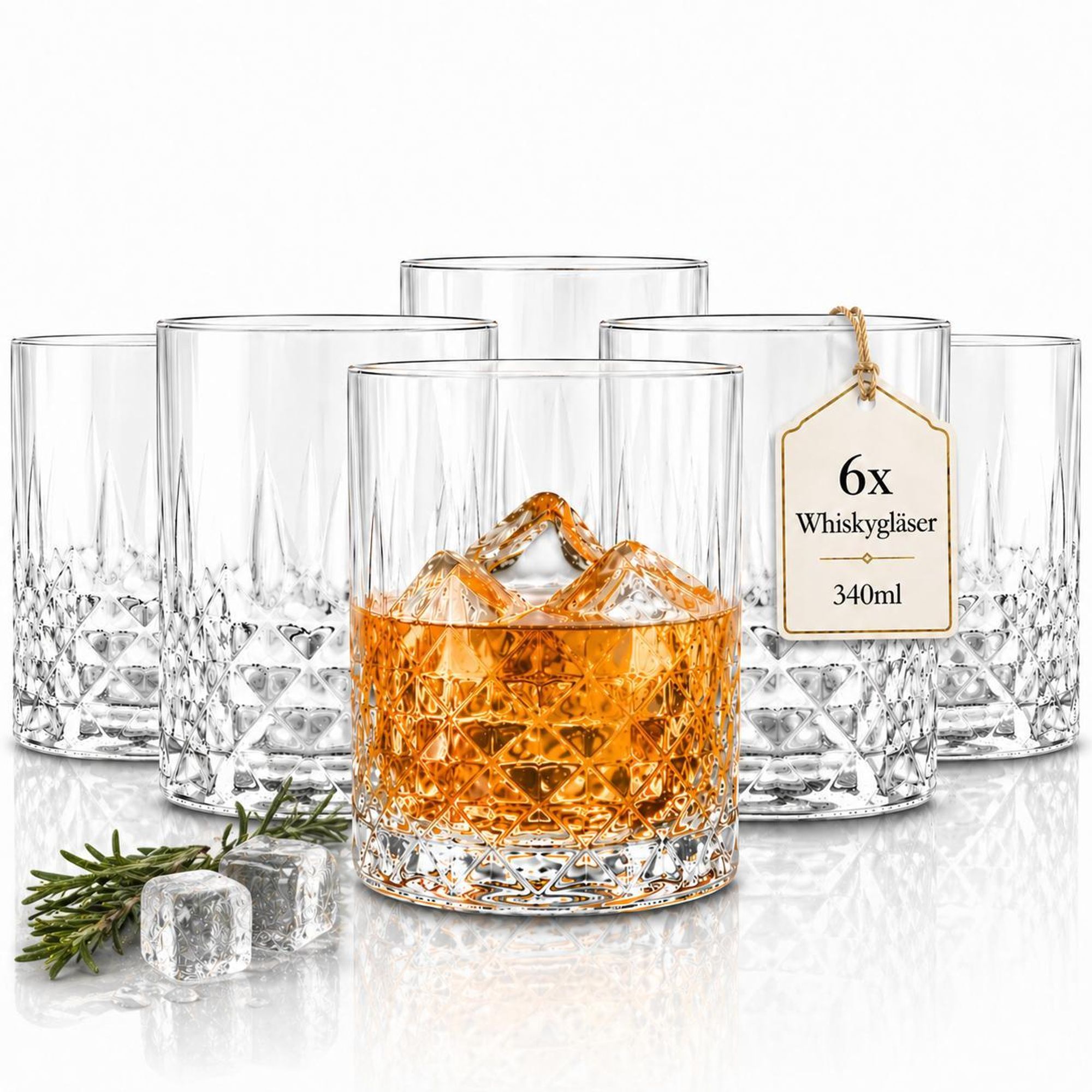 6er Set Whiskygläser 340 ml – Whiskeygläser Tumbler mit Schliffoptik – Bleifrei, spülmaschinengeeignet – für Whisky, Bourbon, Cocktails & Softdrinks